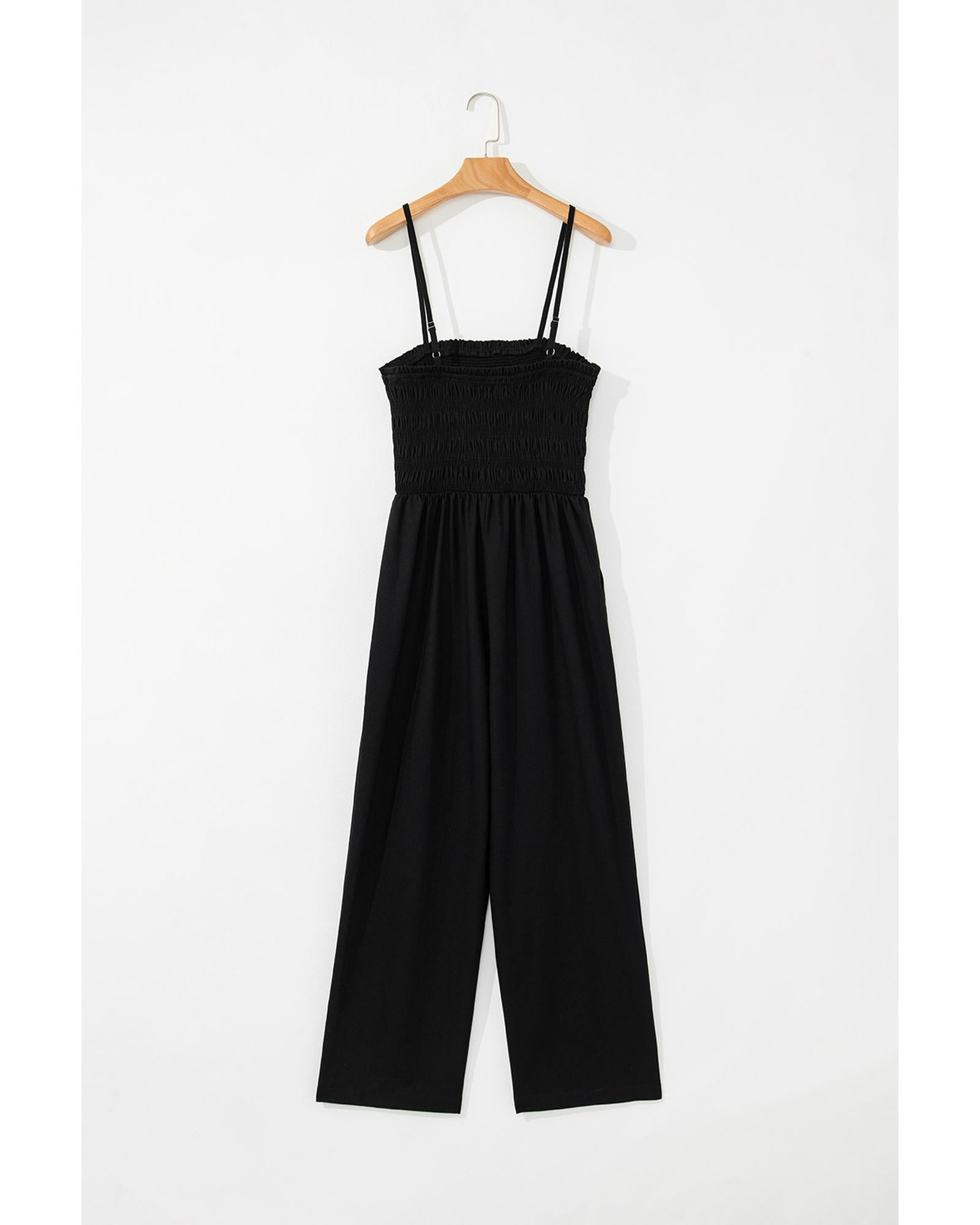 Black Spaghetti Straps Shirred Bodice Pocketed Wide Leg Jumpsuit - S 7
