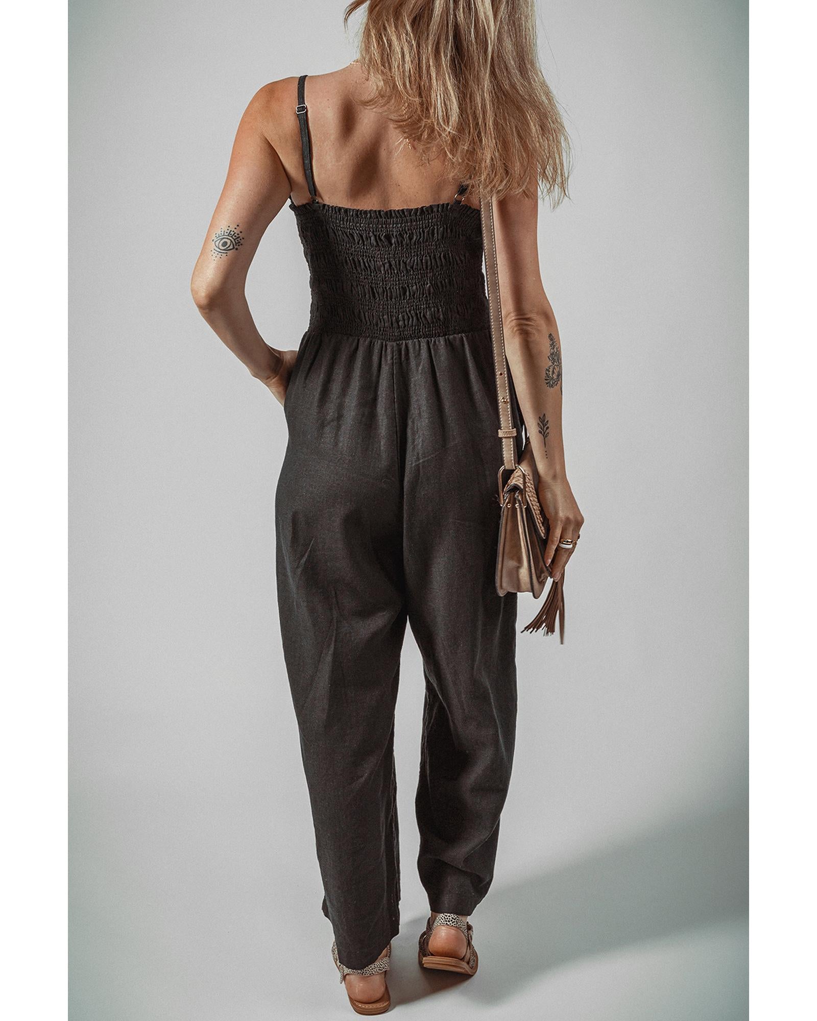 Black Spaghetti Straps Shirred Bodice Pocketed Wide Leg Jumpsuit - XL