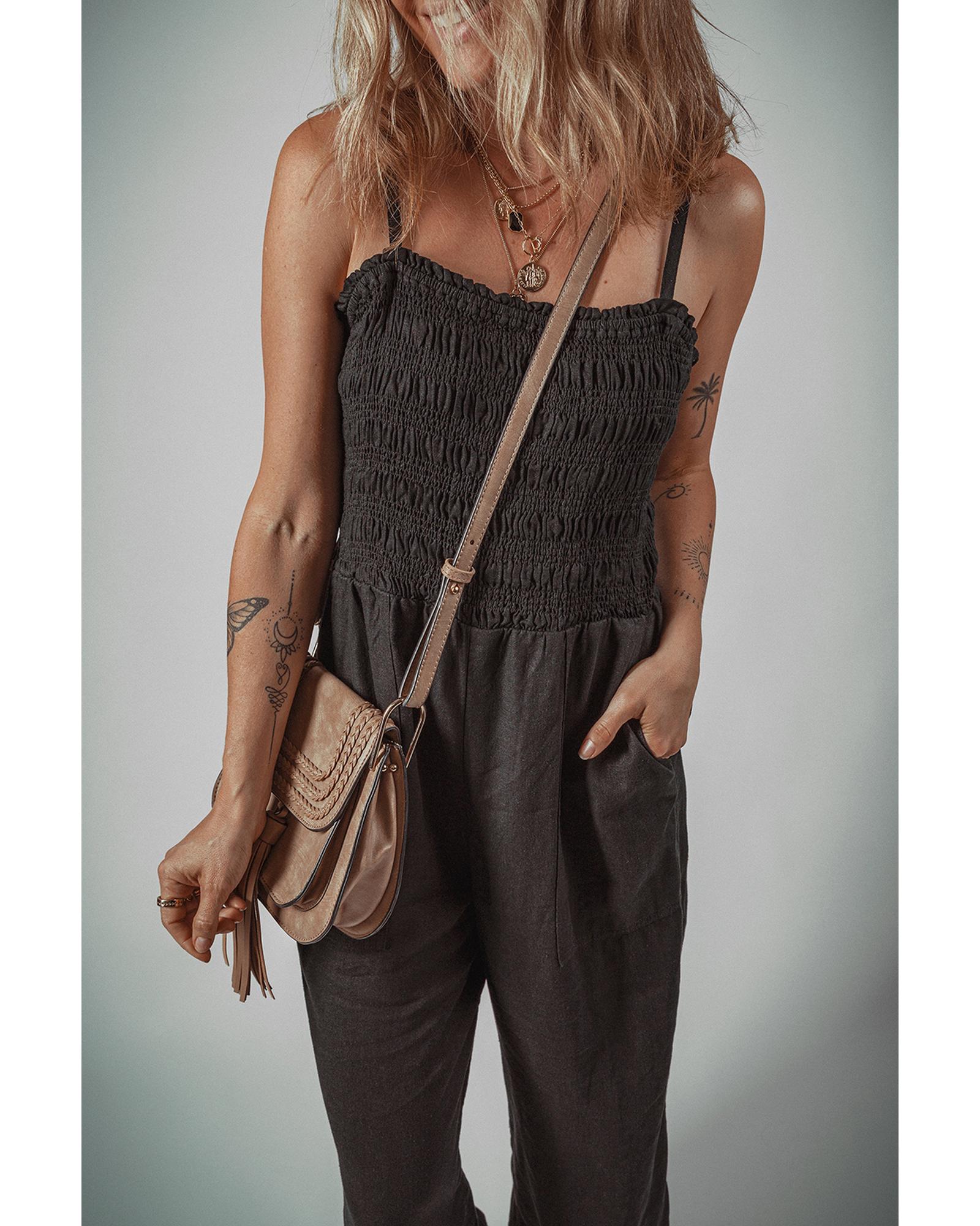 Black Spaghetti Straps Shirred Bodice Pocketed Wide Leg Jumpsuit - XL 4