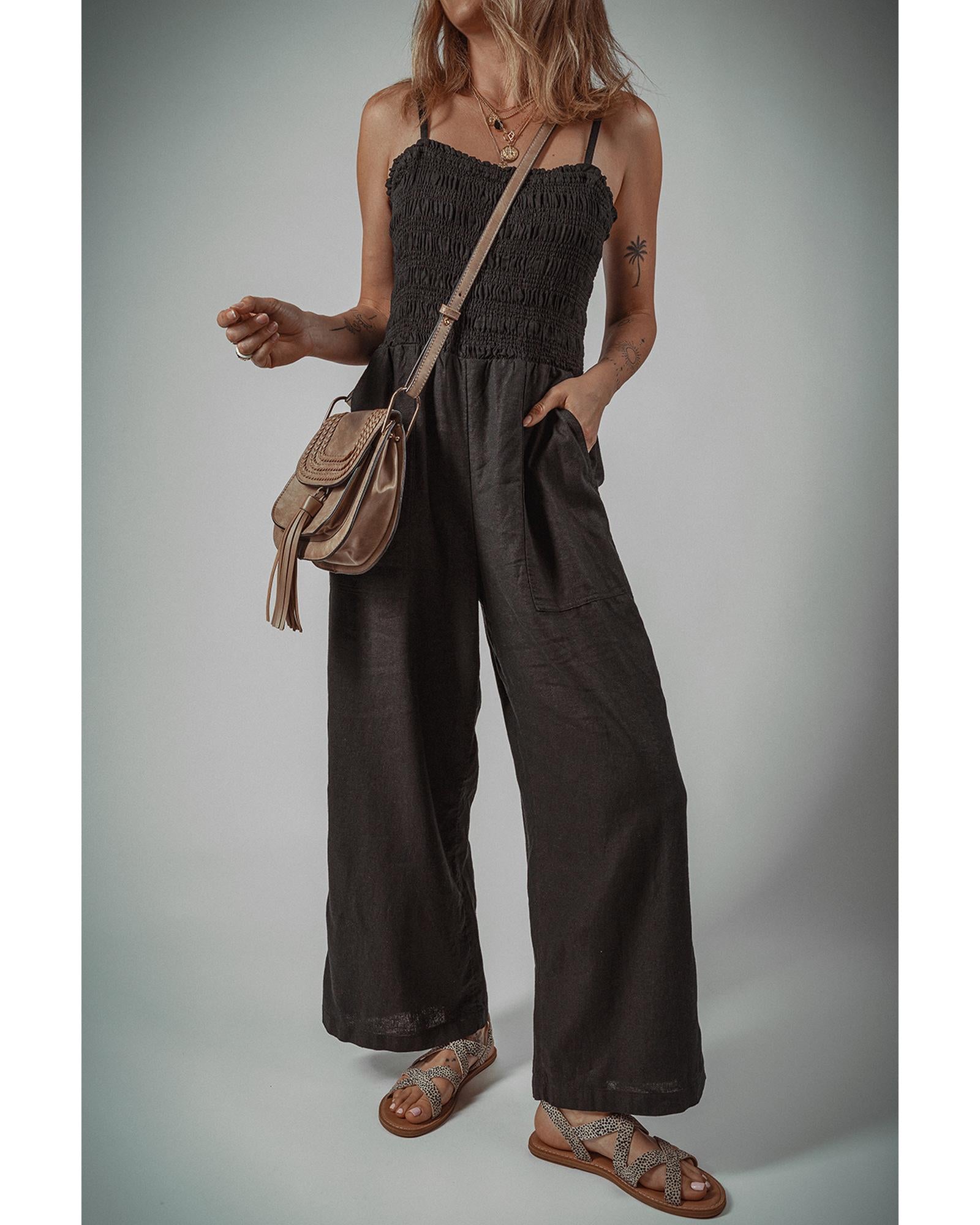 Black Spaghetti Straps Shirred Bodice Pocketed Wide Leg Jumpsuit - XL 5