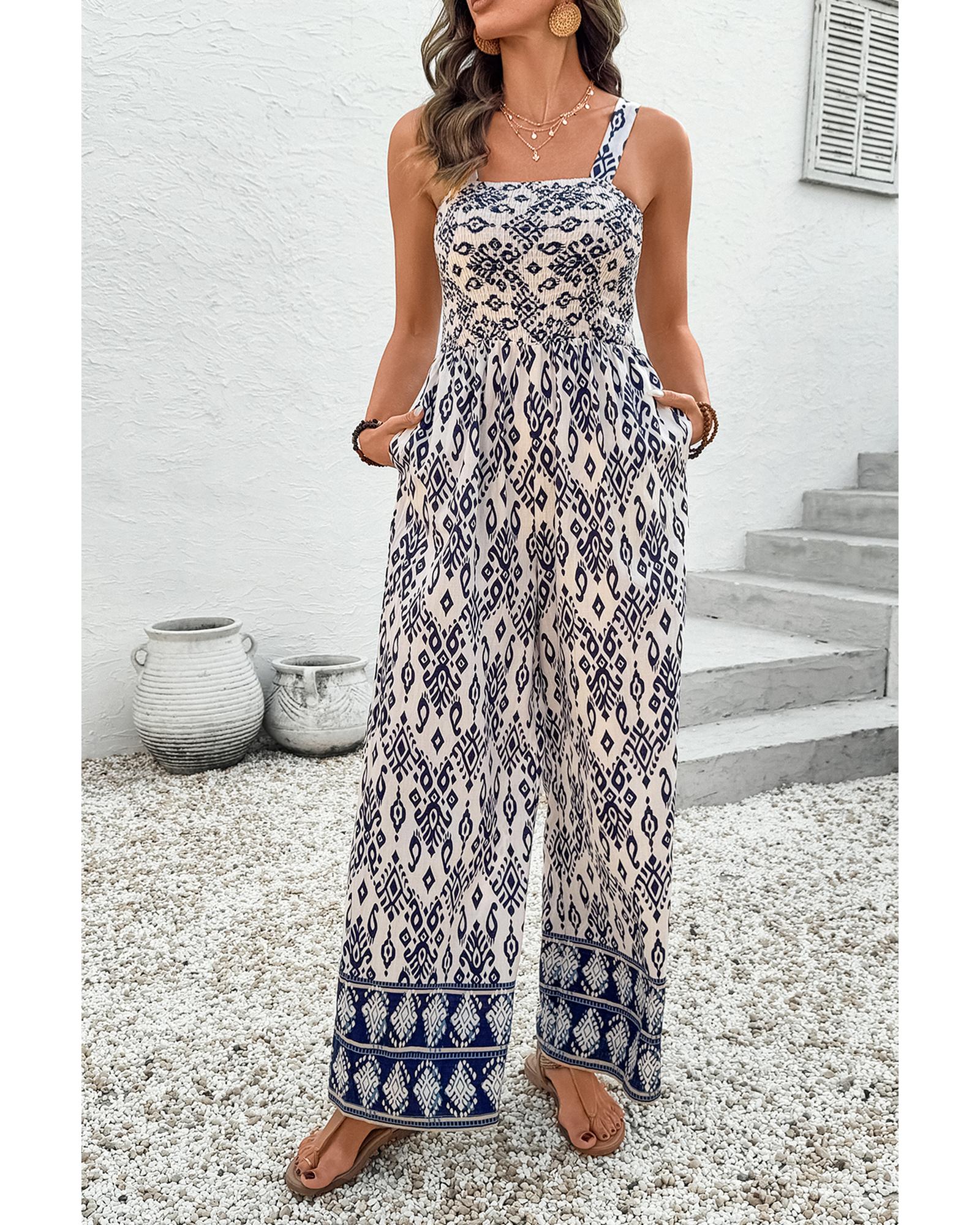 Blue Boho Geometric Print Shirred High Waist Wide Leg Jumpsuit - S 5