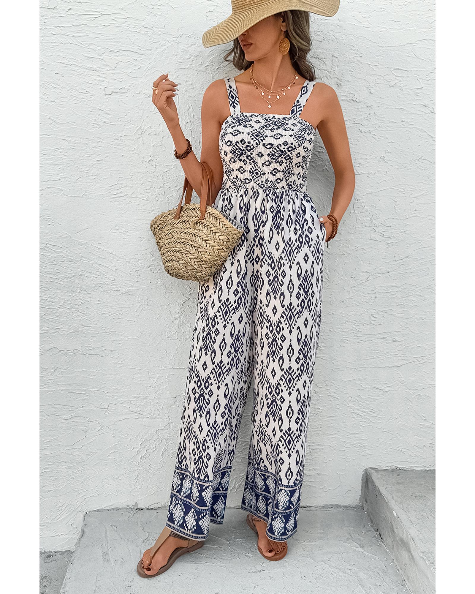Blue Boho Geometric Print Shirred High Waist Wide Leg Jumpsuit - XL 3
