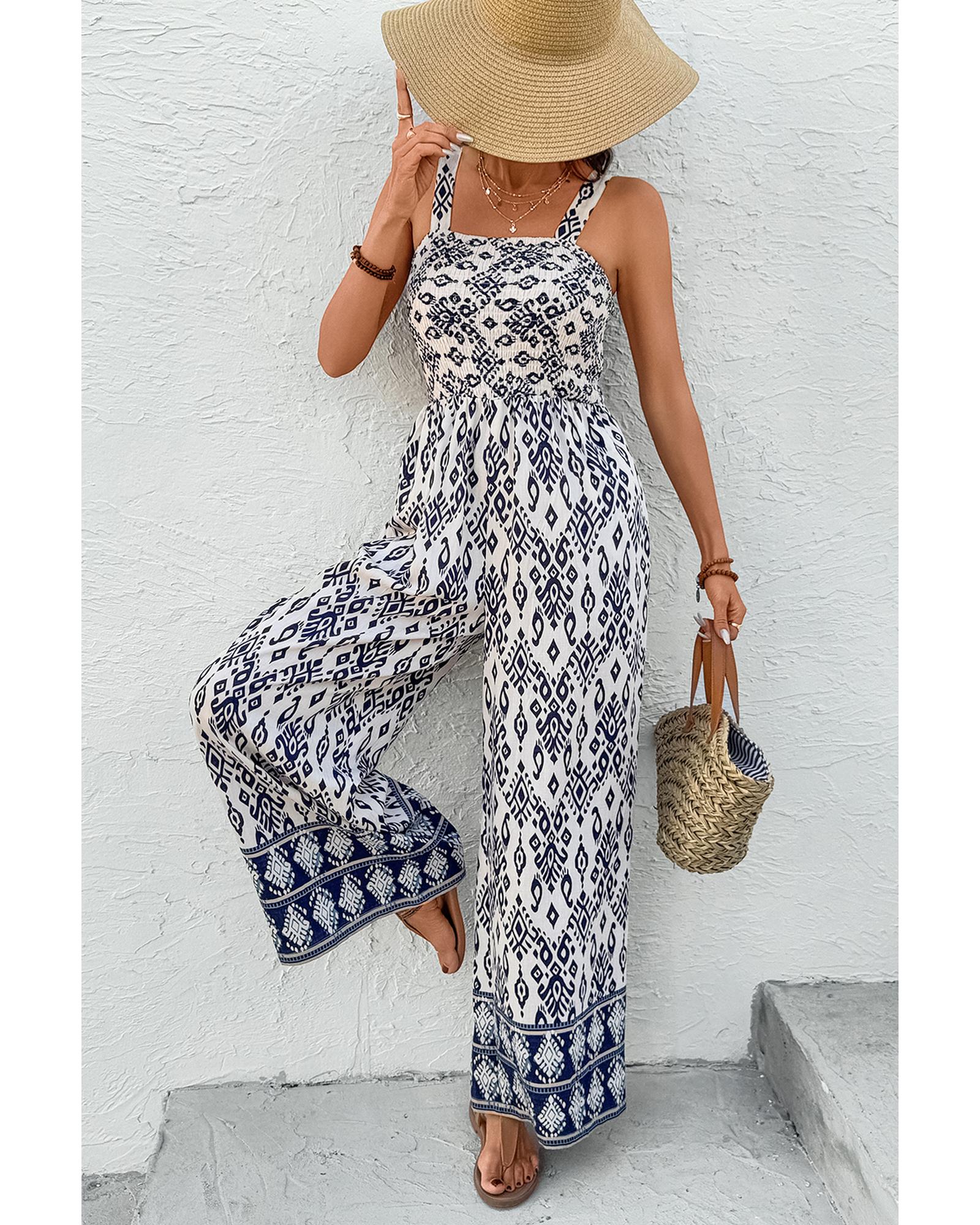 Blue Boho Geometric Print Shirred High Waist Wide Leg Jumpsuit - XL 4