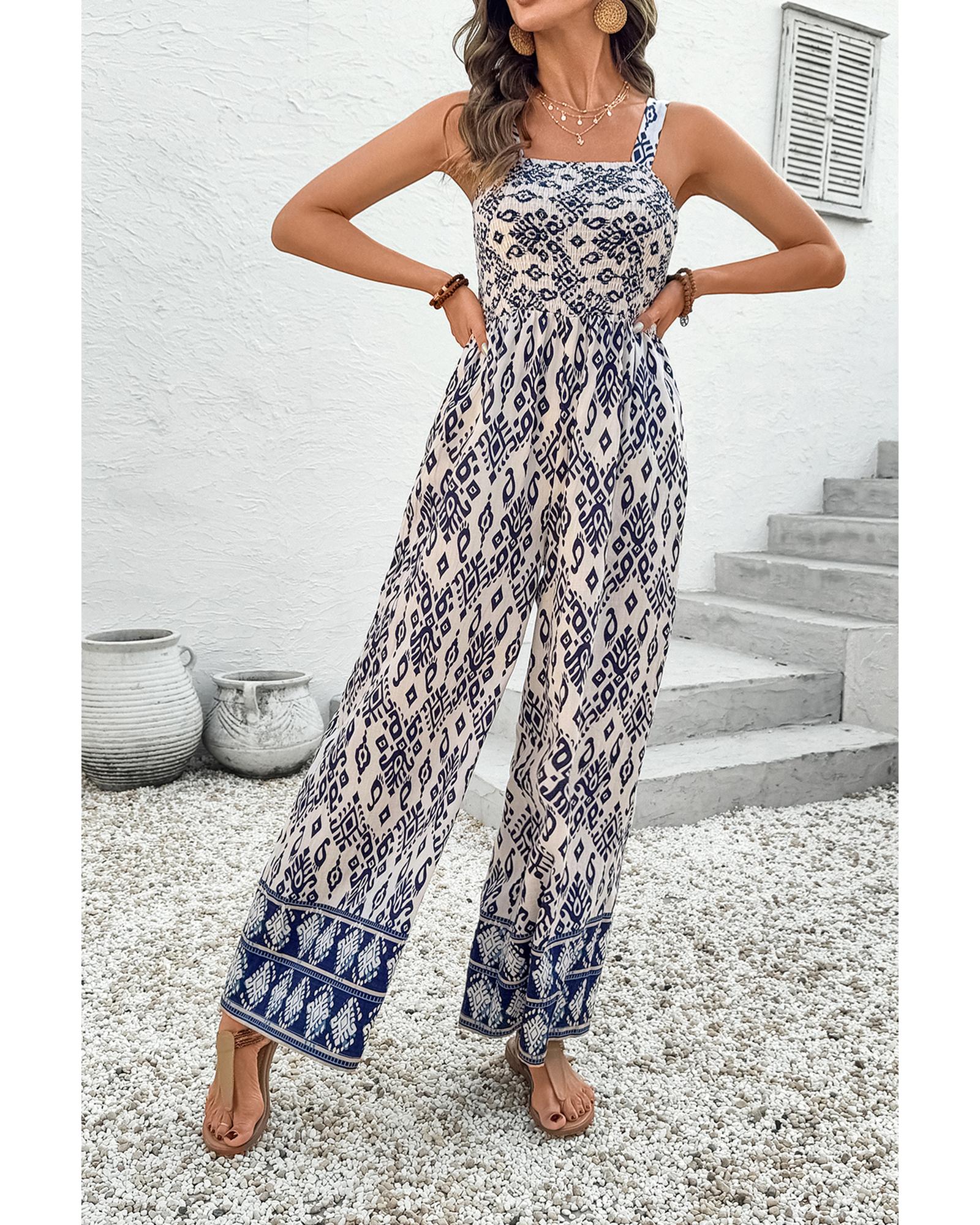 Blue Boho Geometric Print Shirred High Waist Wide Leg Jumpsuit - XL 5