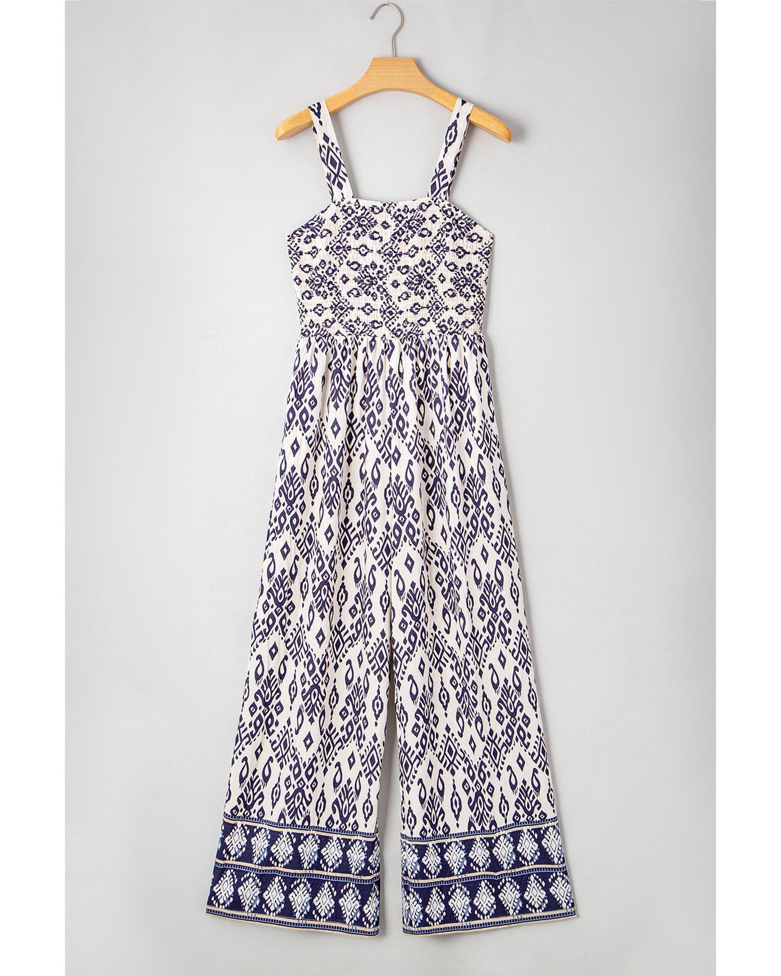 Blue Boho Geometric Print Shirred High Waist Wide Leg Jumpsuit - XL 8