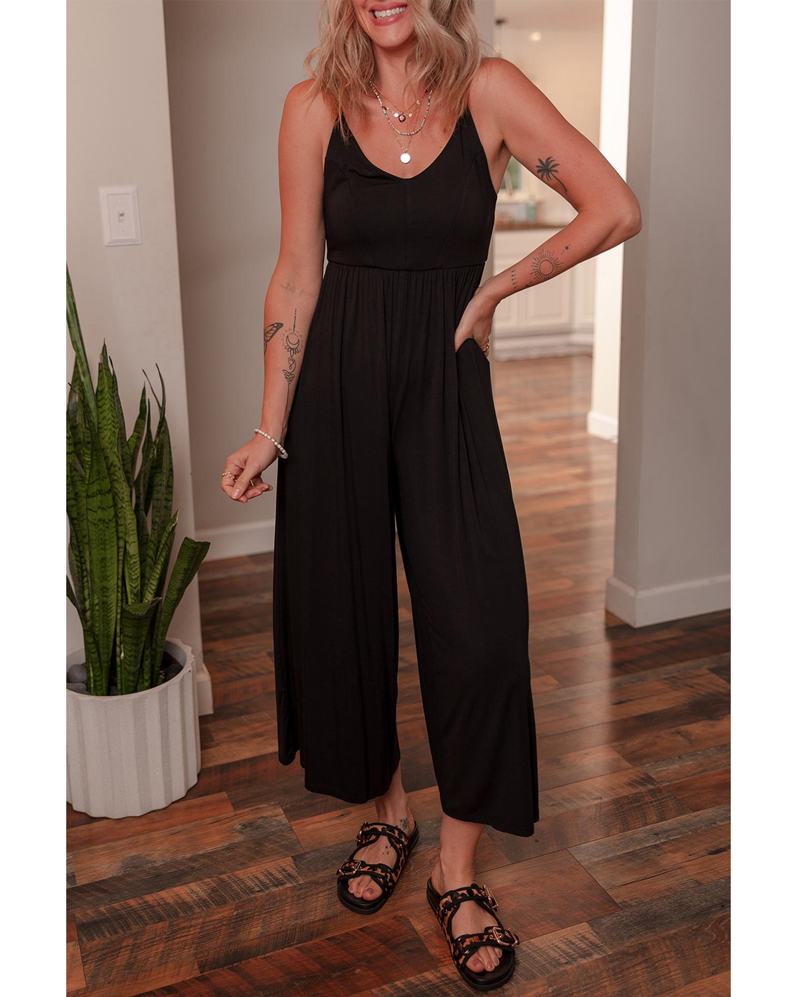 Black Spaghetti Straps Open Back Pleated Wide Leg Jumpsuit - L 3