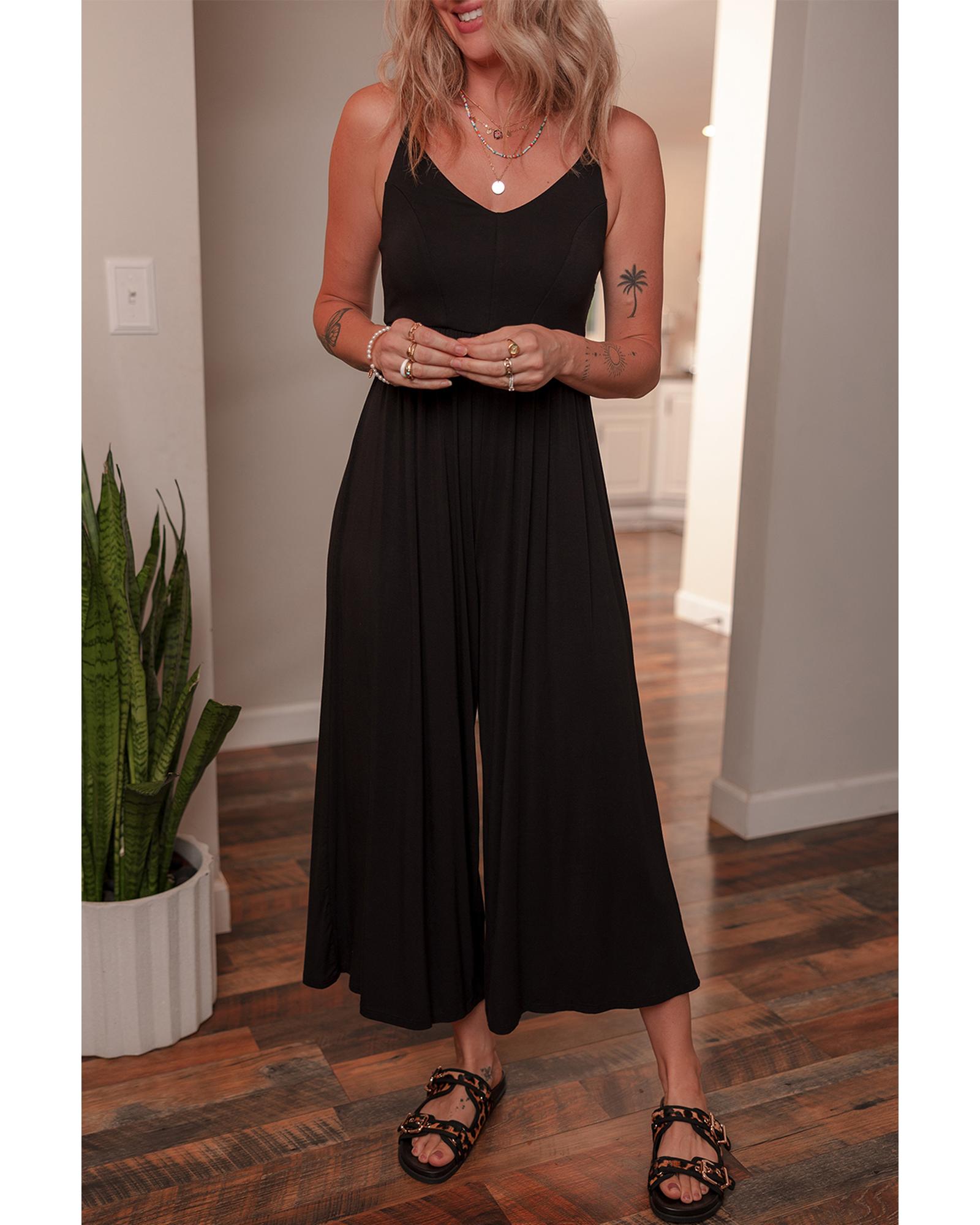 Black Spaghetti Straps Open Back Pleated Wide Leg Jumpsuit - L 4