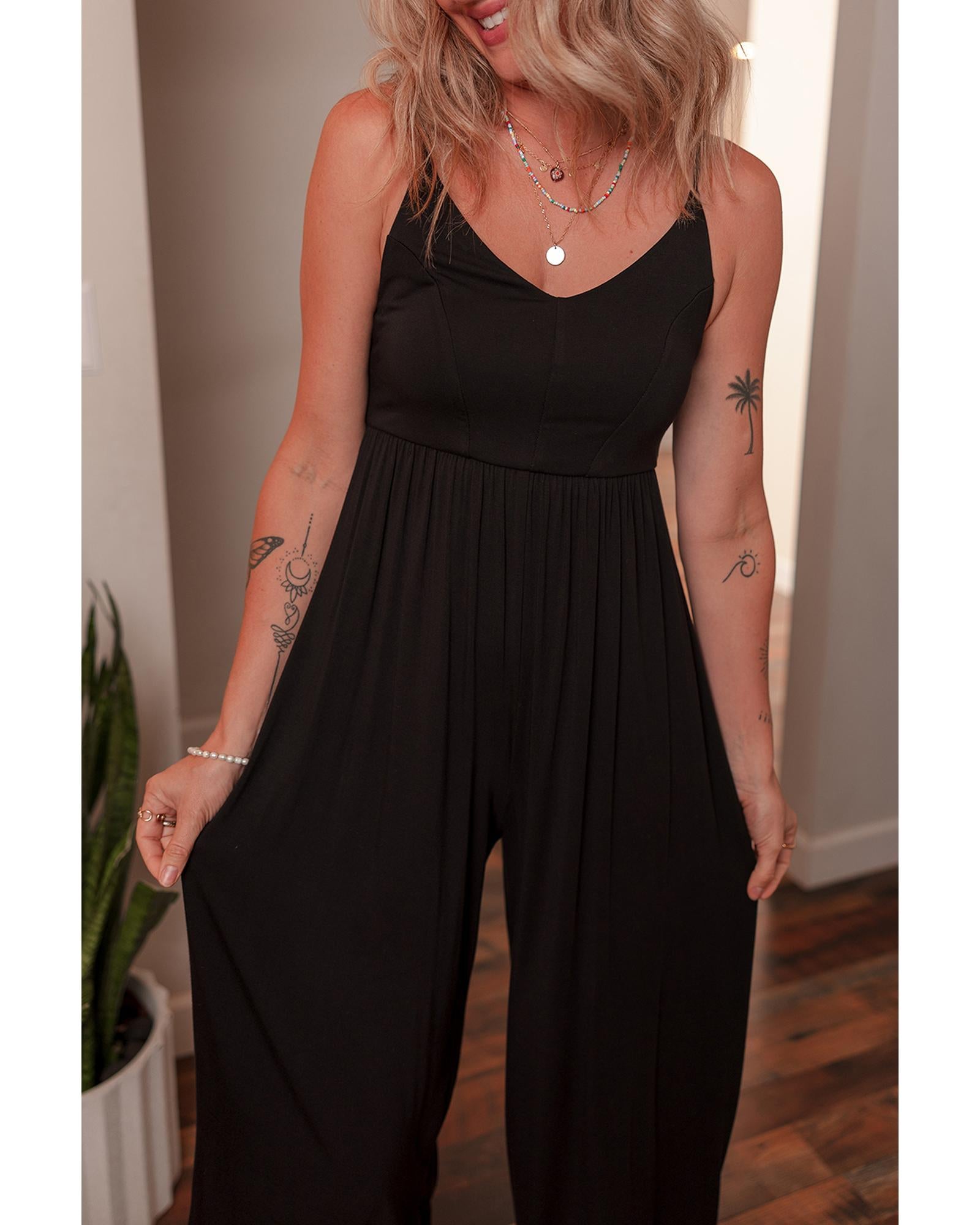 Black Spaghetti Straps Open Back Pleated Wide Leg Jumpsuit - L 5
