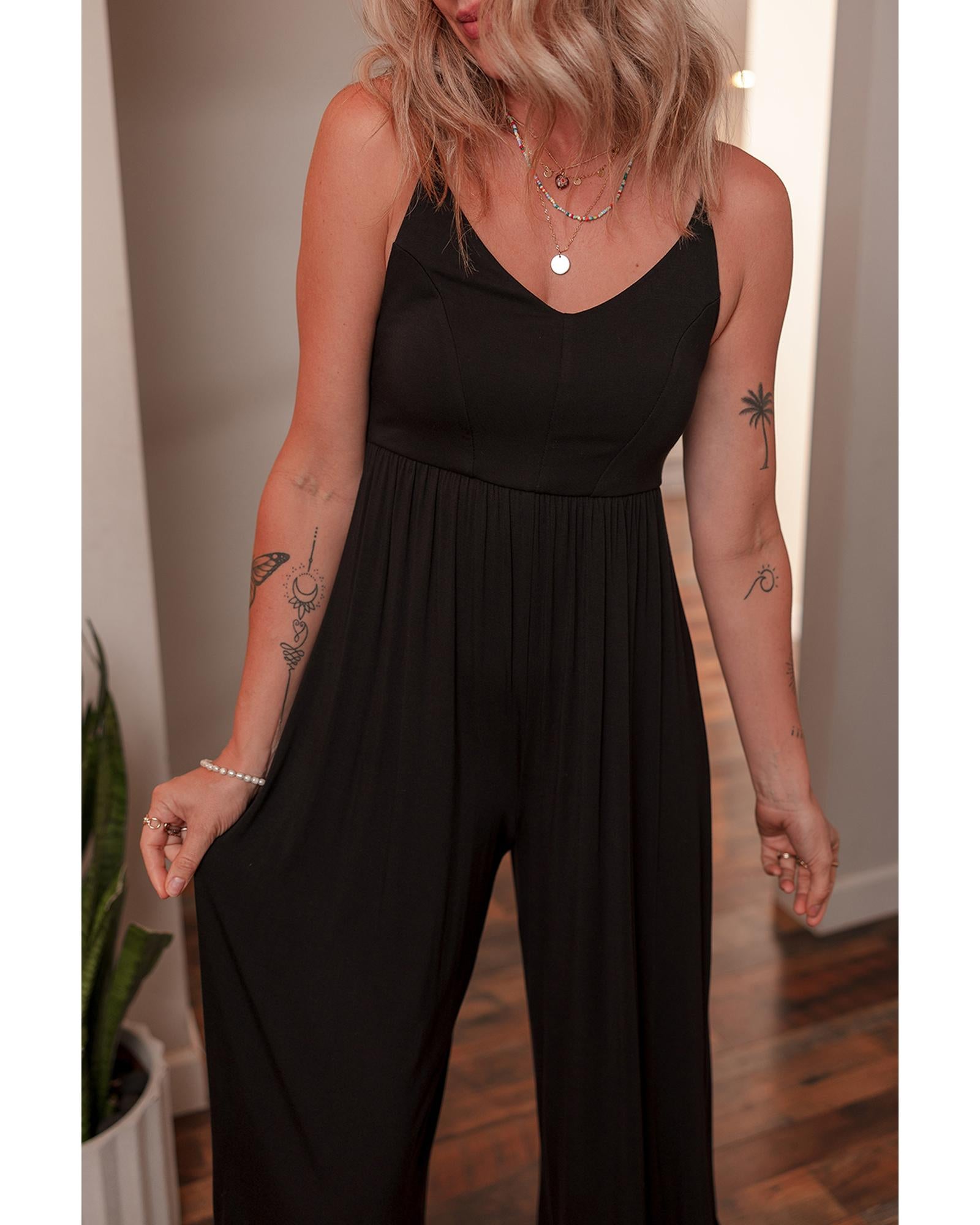 Black Spaghetti Straps Open Back Pleated Wide Leg Jumpsuit - L 6