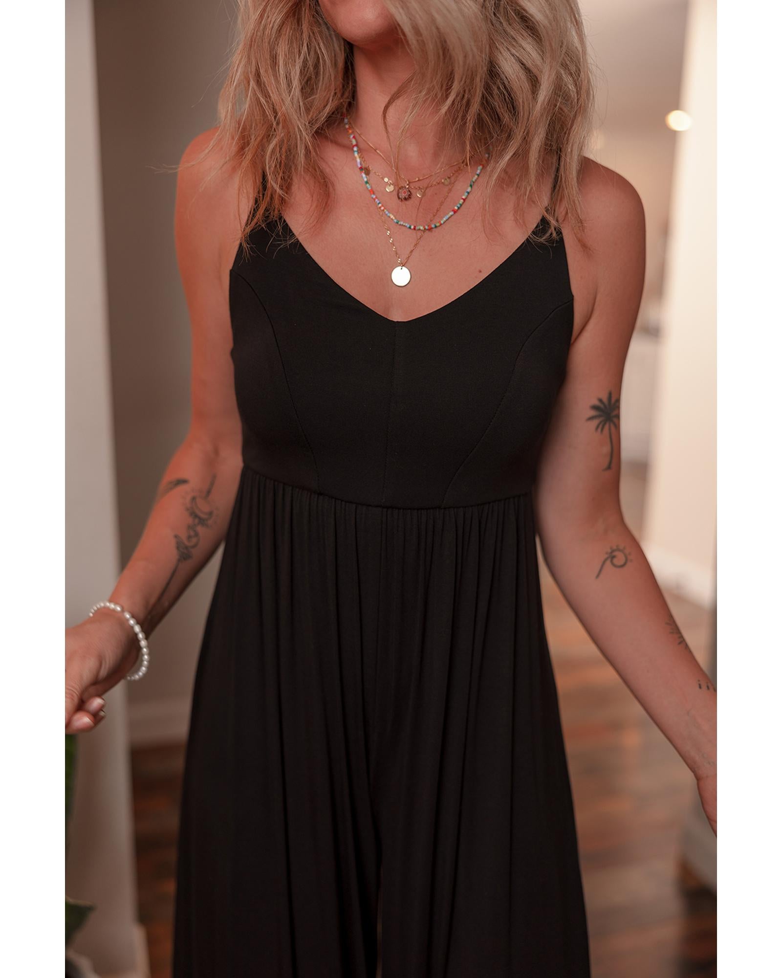 Black Spaghetti Straps Open Back Pleated Wide Leg Jumpsuit - L 7