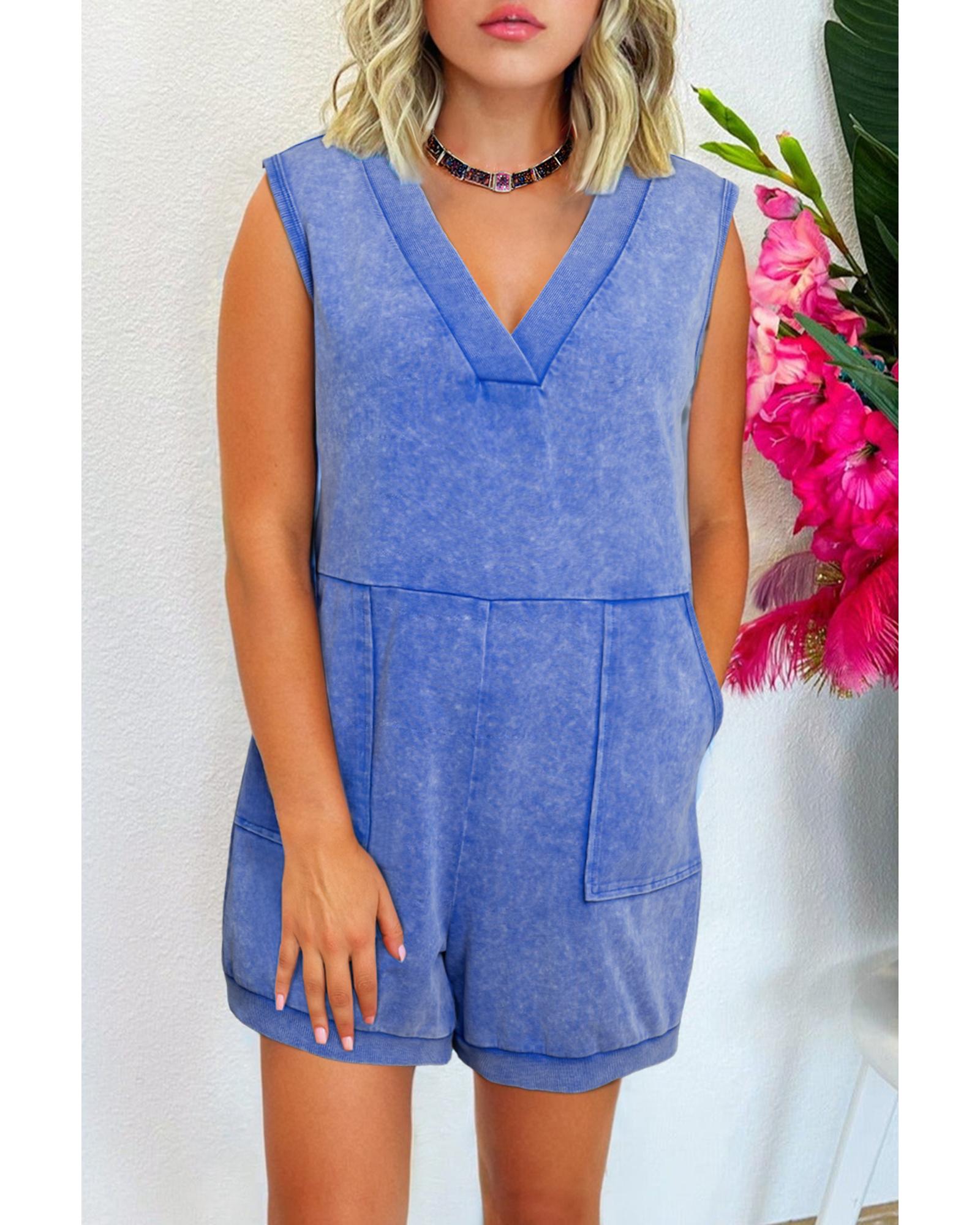 Sky Blue Mineral Wash Pocketed Sleeveless V Neck Loose Romper - L