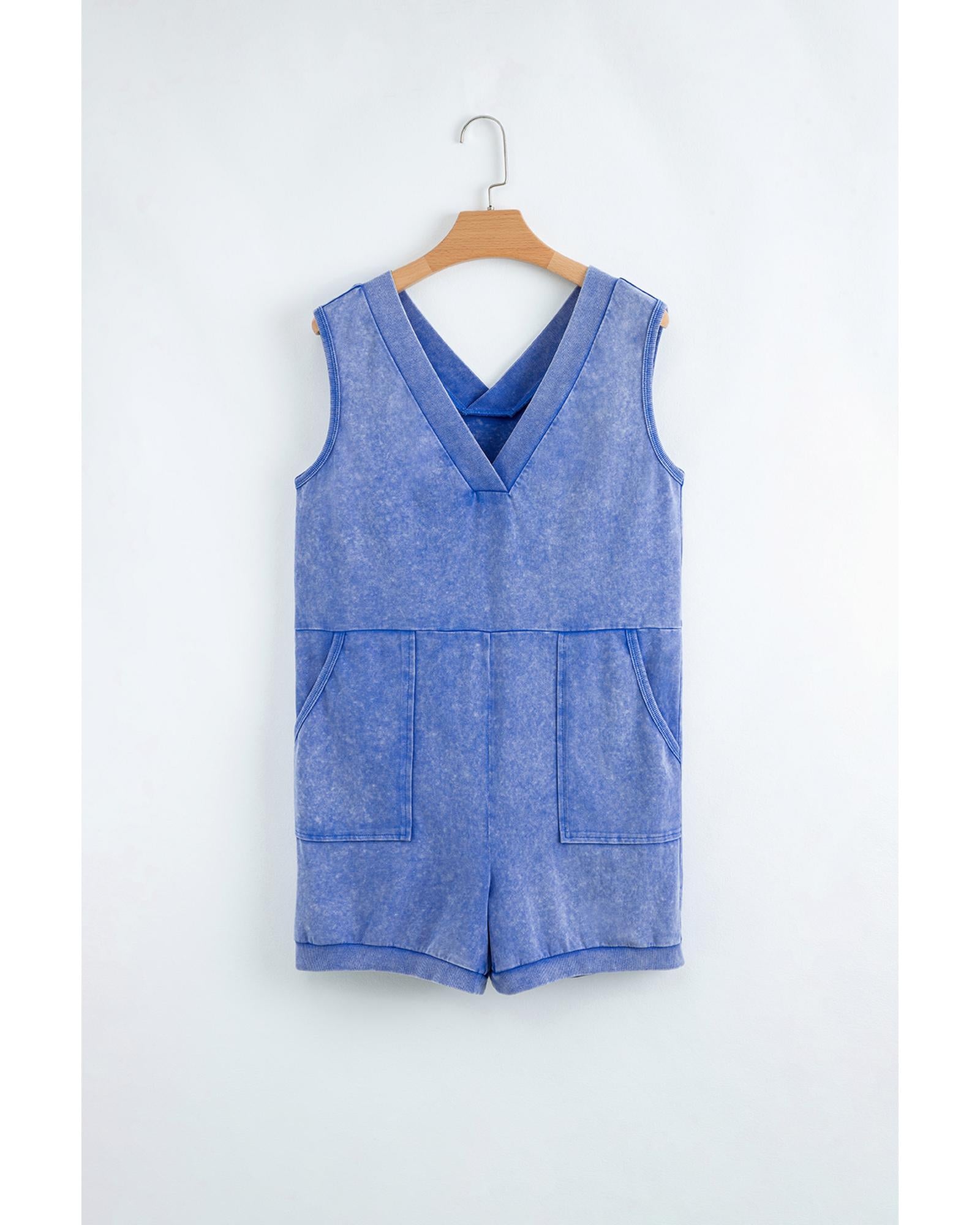 Sky Blue Mineral Wash Pocketed Sleeveless V Neck Loose Romper - S 3