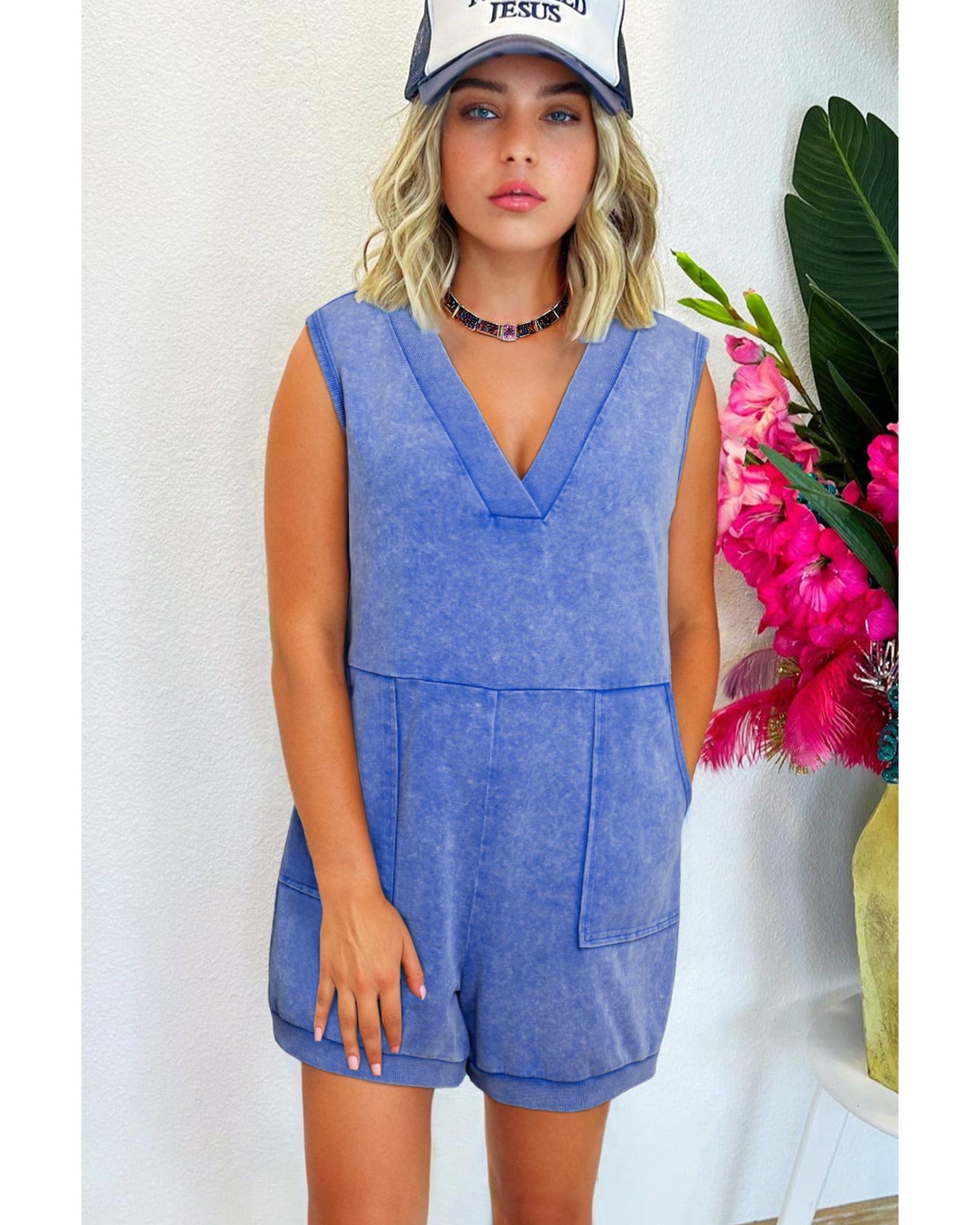 Sky Blue Mineral Wash Pocketed Sleeveless V Neck Loose Romper - XL