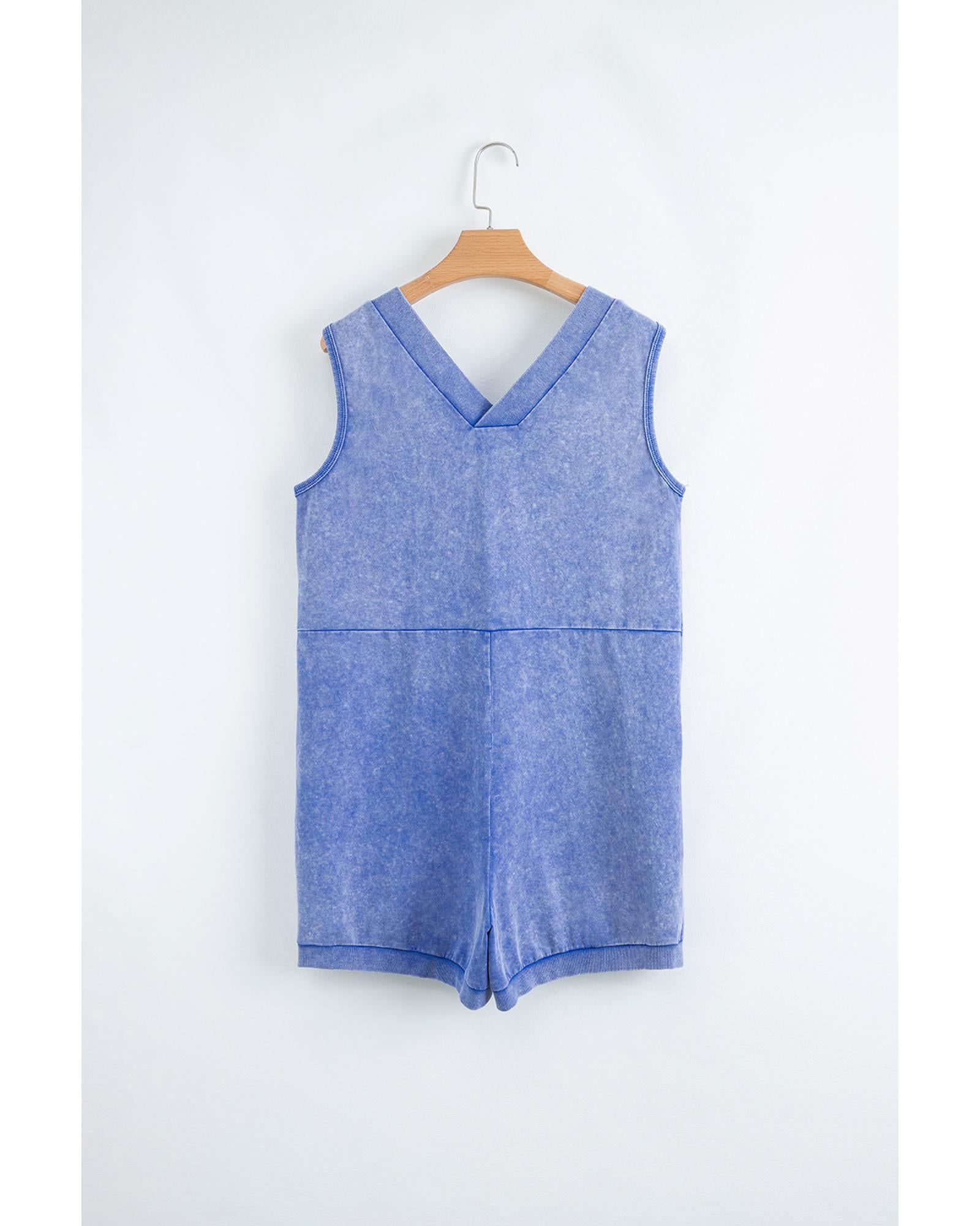 Sky Blue Mineral Wash Pocketed Sleeveless V Neck Loose Romper - XL 4