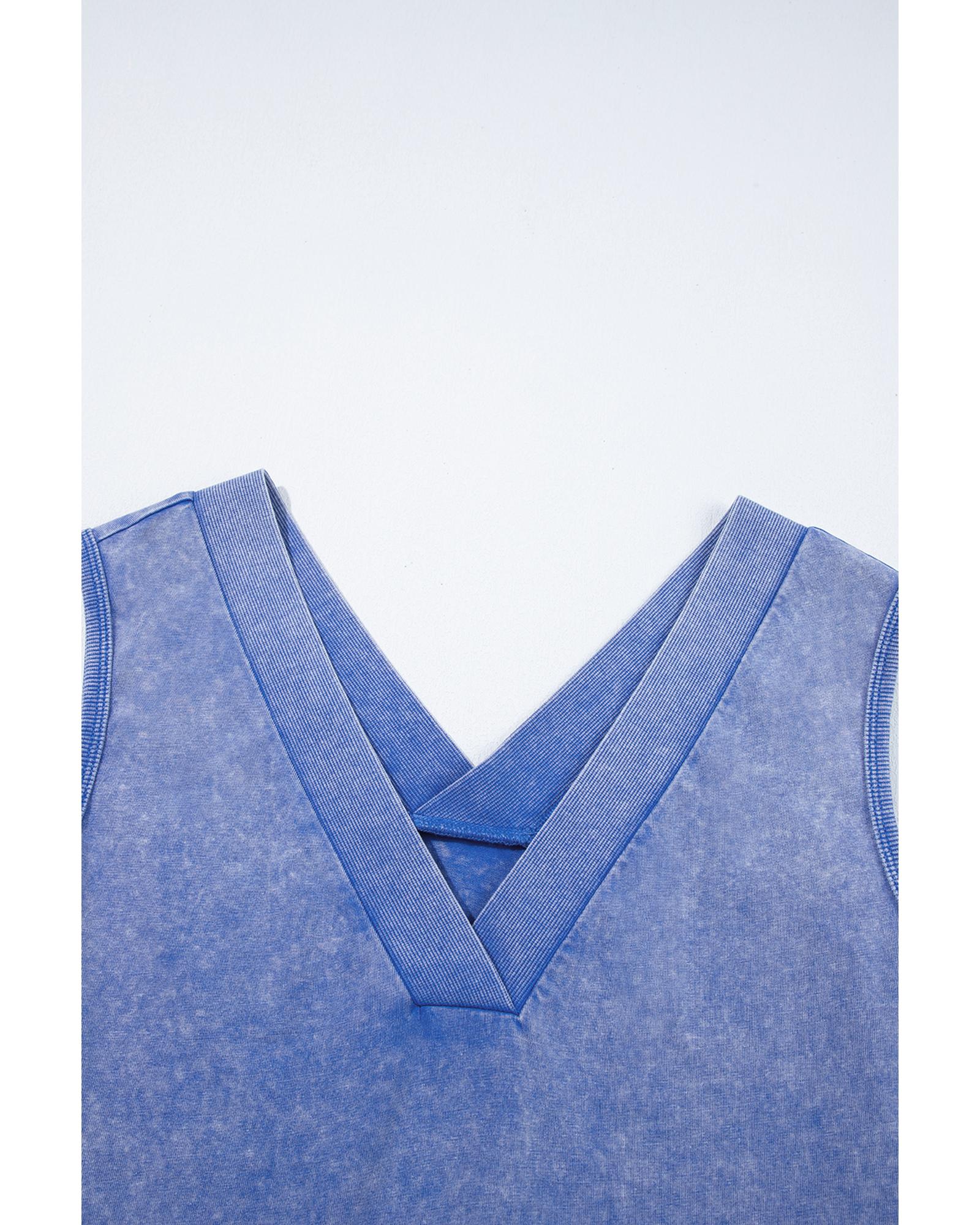 Sky Blue Mineral Wash Pocketed Sleeveless V Neck Loose Romper - XL 5