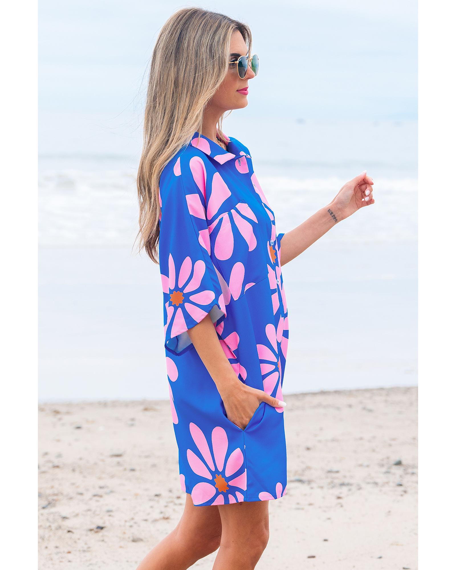 Blue Summer Flower Print Shirt Collar Button Front Loose Romper - S 3