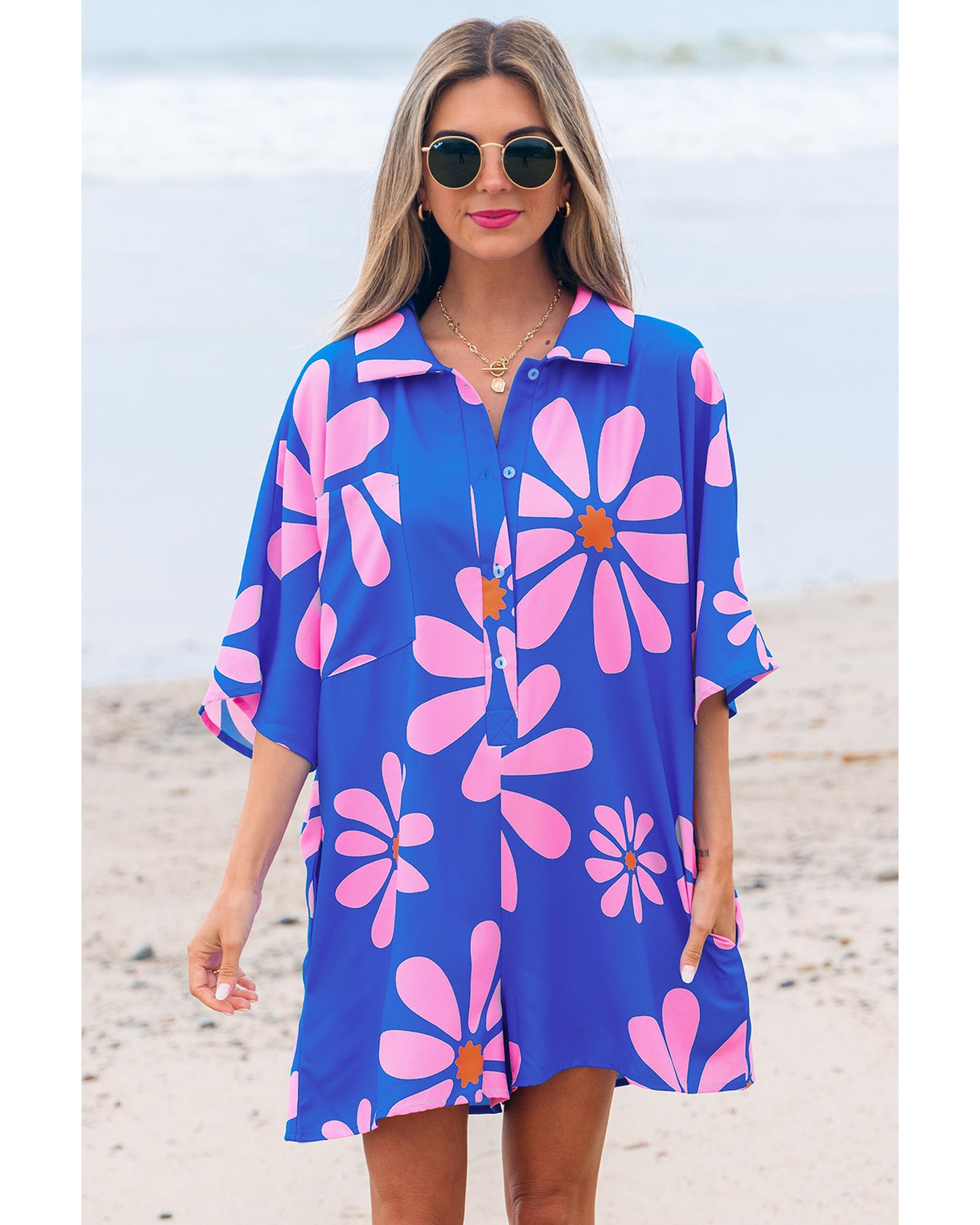 Blue Summer Flower Print Shirt Collar Button Front Loose Romper - S 4