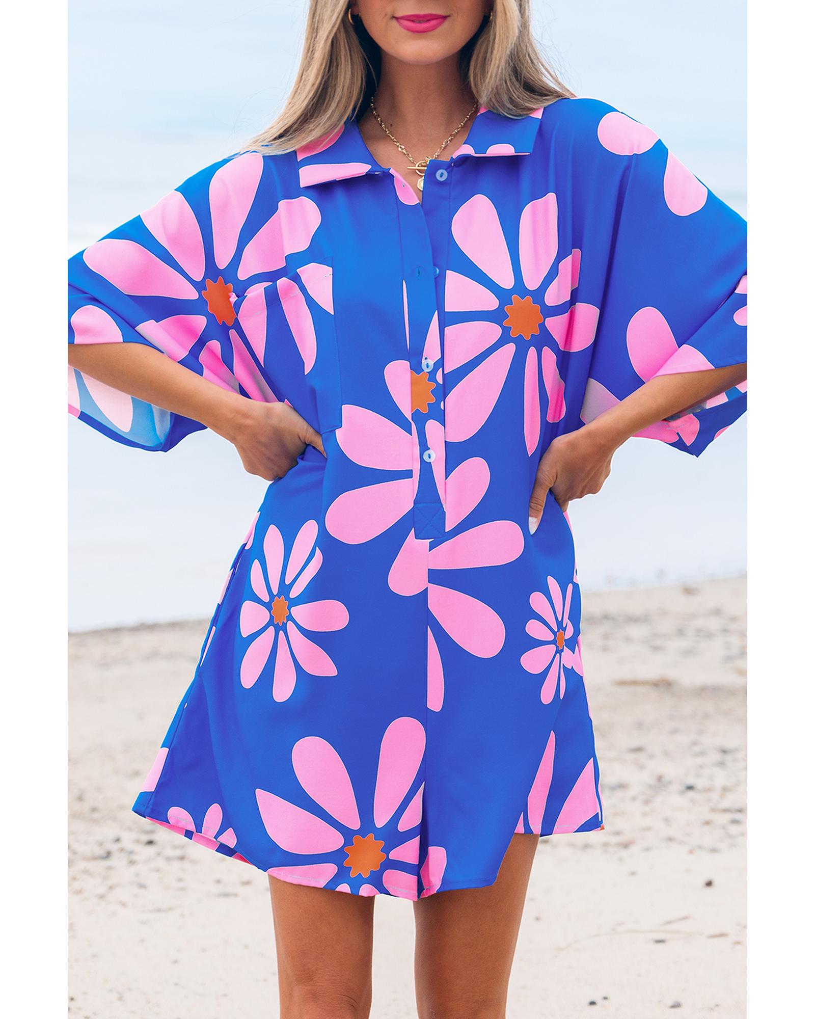 Blue Summer Flower Print Shirt Collar Button Front Loose Romper - S 6