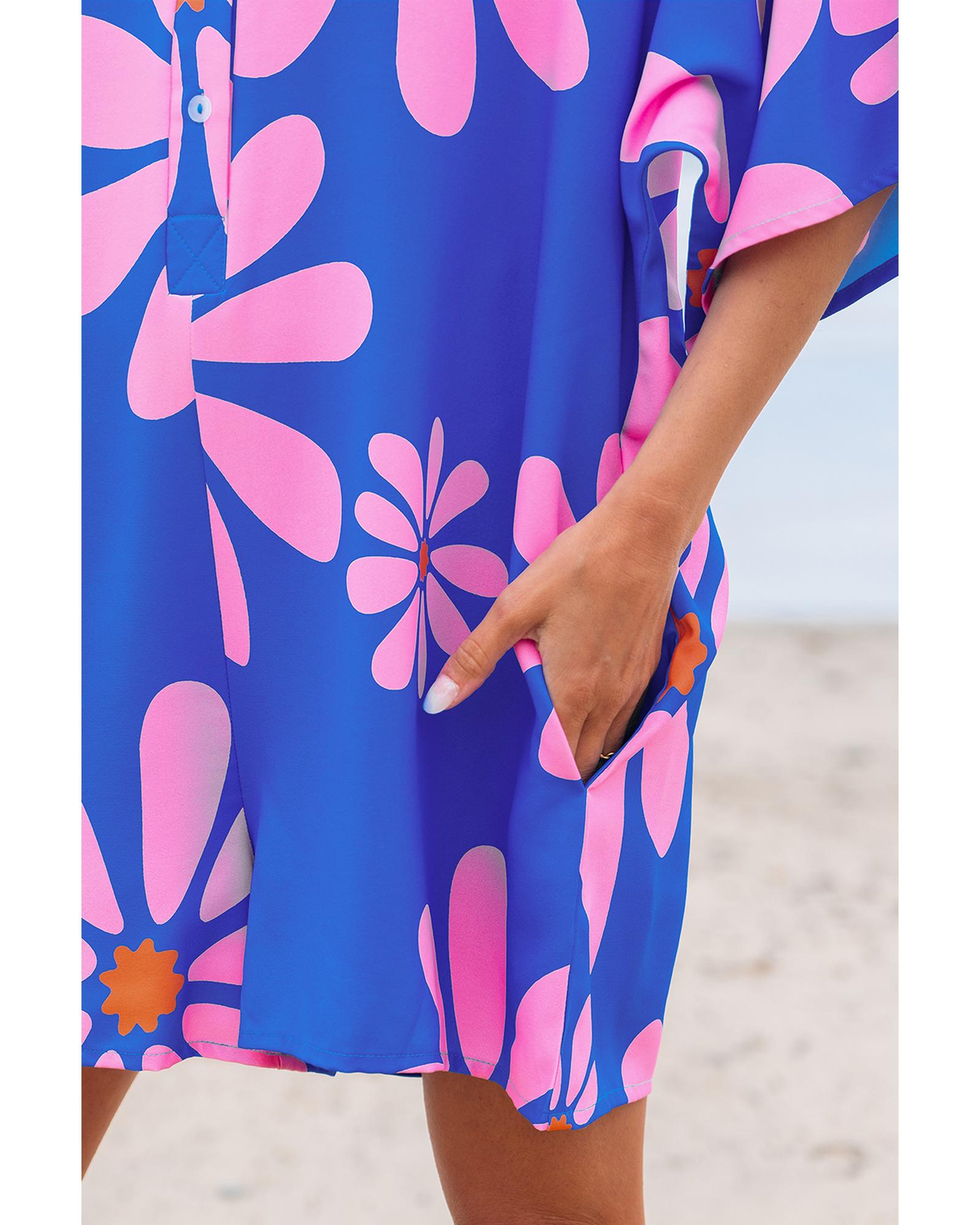 Blue Summer Flower Print Shirt Collar Button Front Loose Romper - S 8