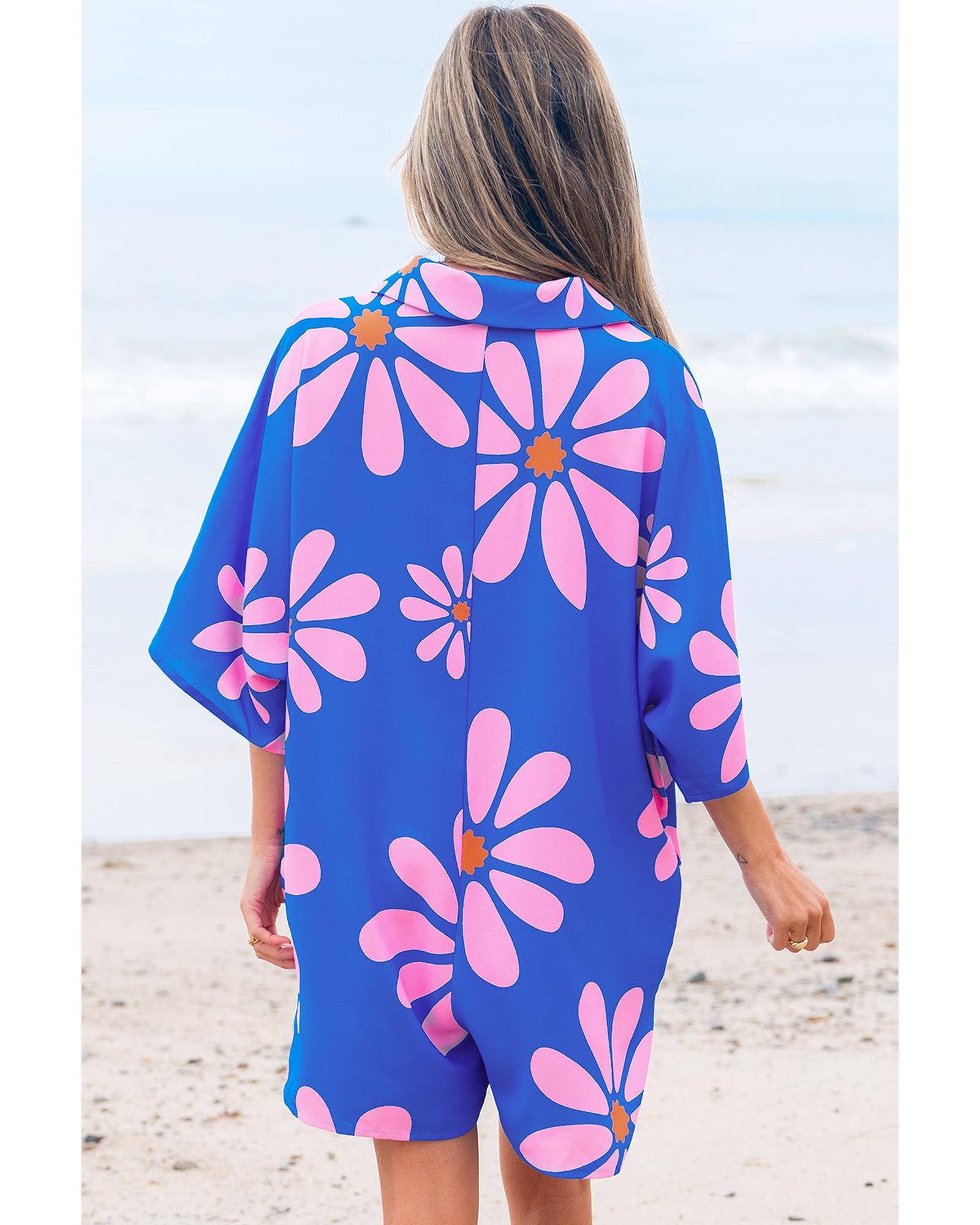 Blue Summer Flower Print Shirt Collar Button Front Loose Romper - XL