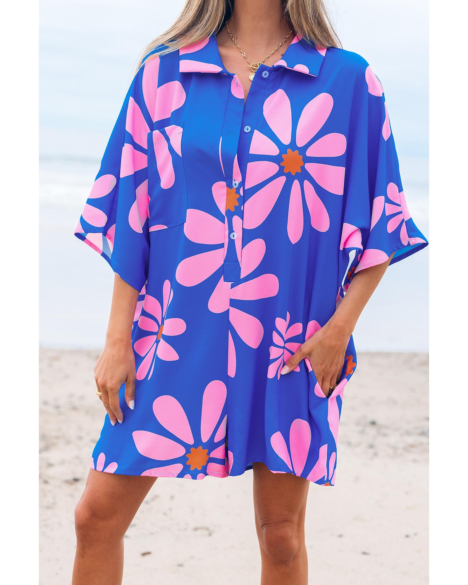 Blue Summer Flower Print Shirt Collar Button Front Loose Romper - XL 5
