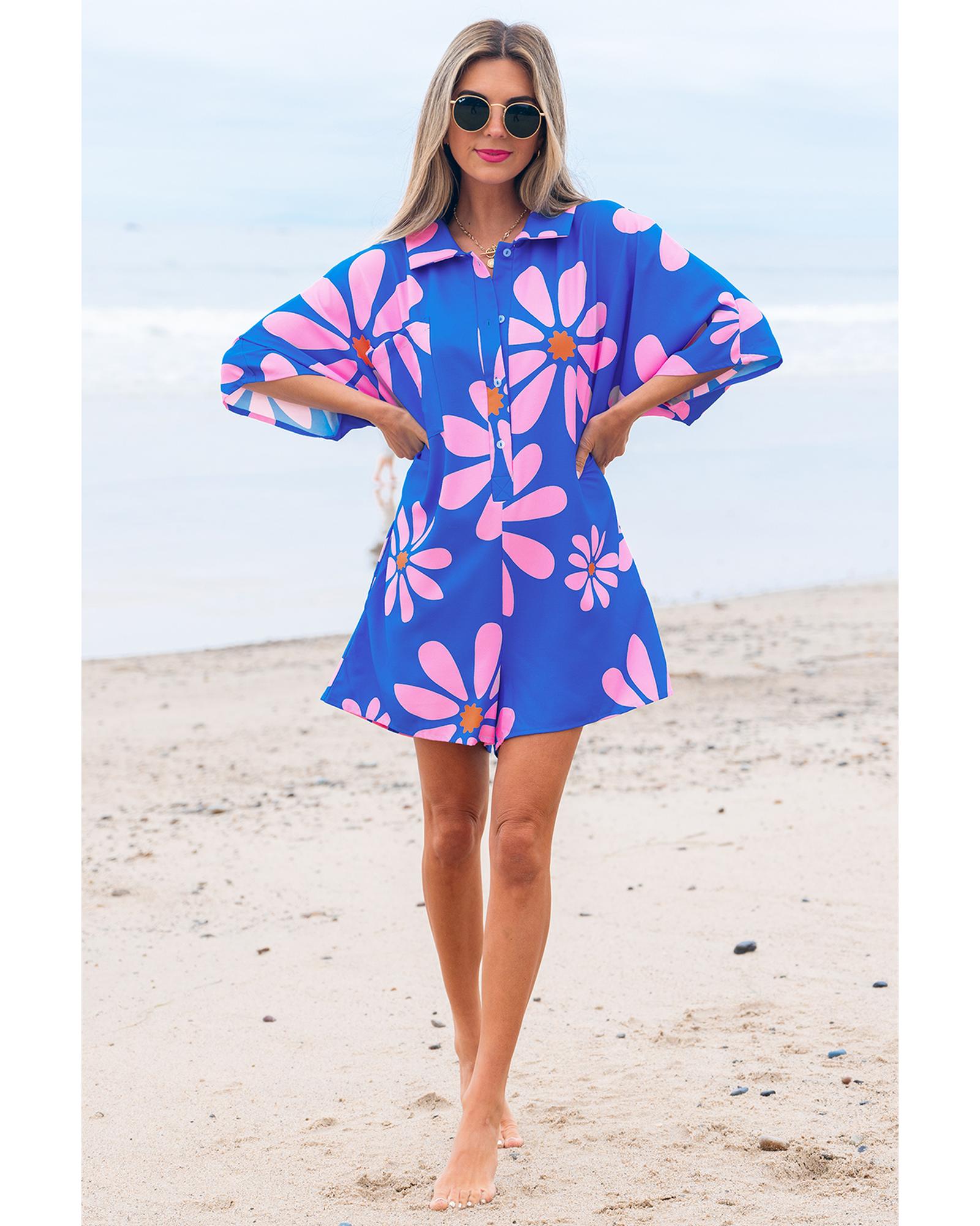 Blue Summer Flower Print Shirt Collar Button Front Loose Romper - XL 6