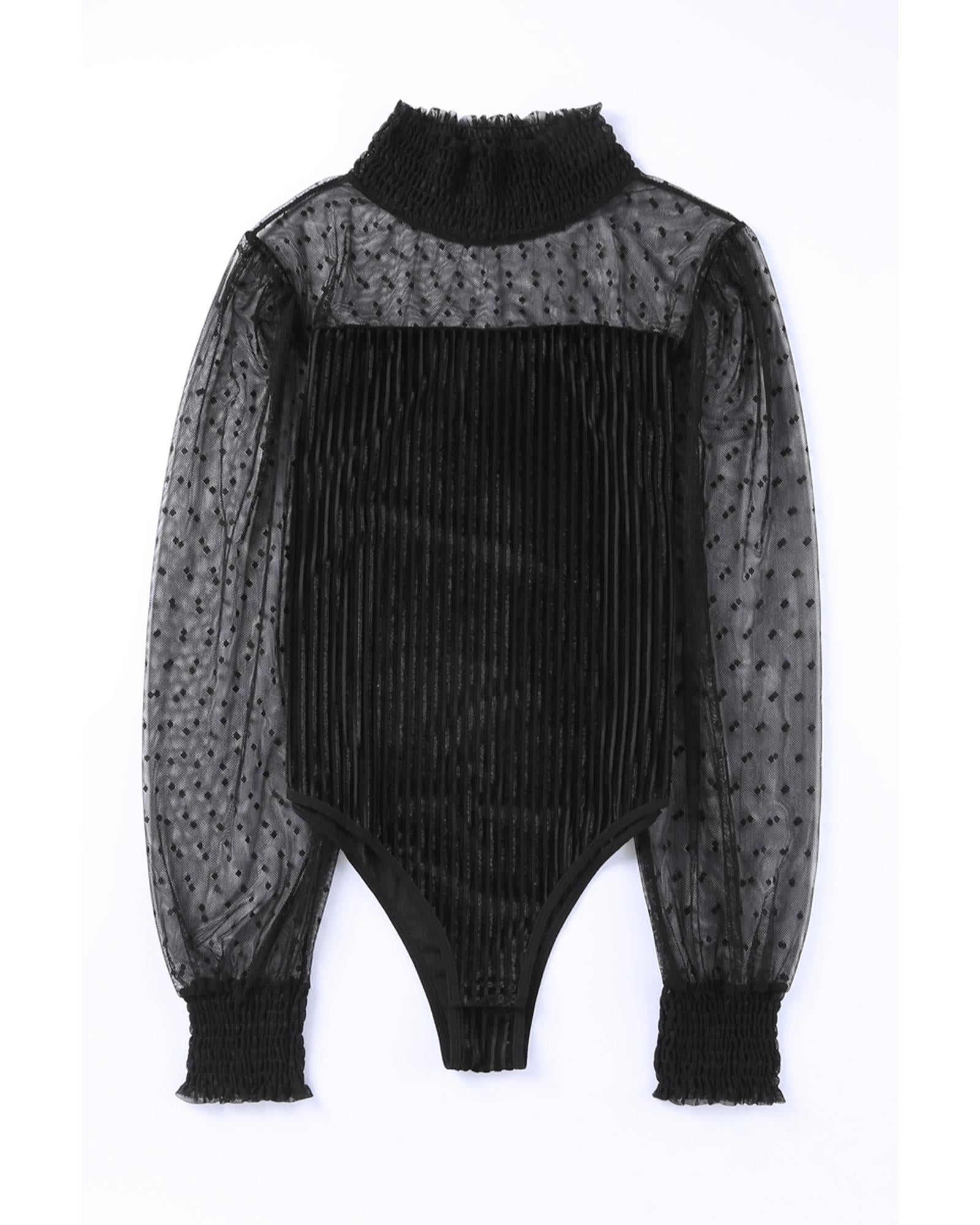 Black Sheer Dotty Long Sleeve Ribbed Velvet Bodysuit - L 5