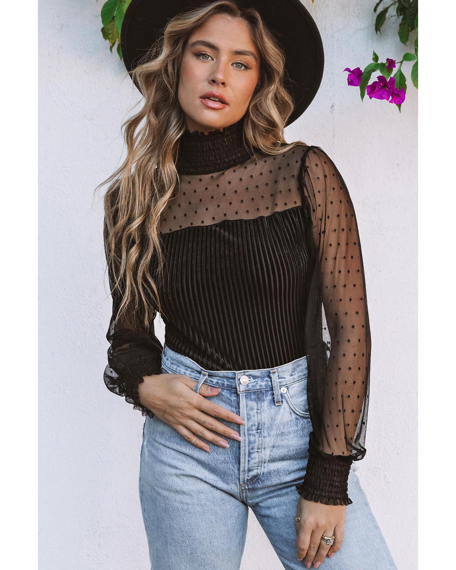 Black Sheer Dotty Long Sleeve Ribbed Velvet Bodysuit - M