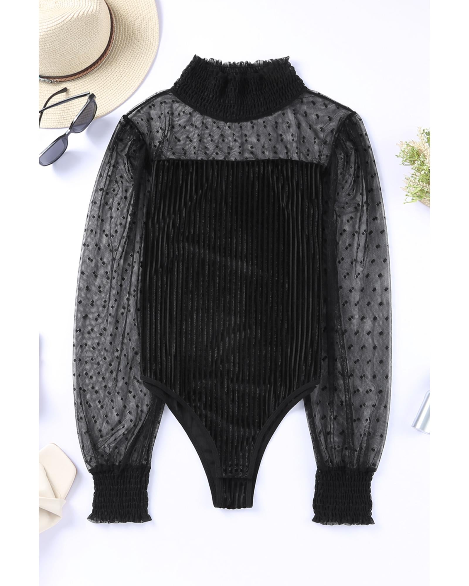 Black Sheer Dotty Long Sleeve Ribbed Velvet Bodysuit - S 4