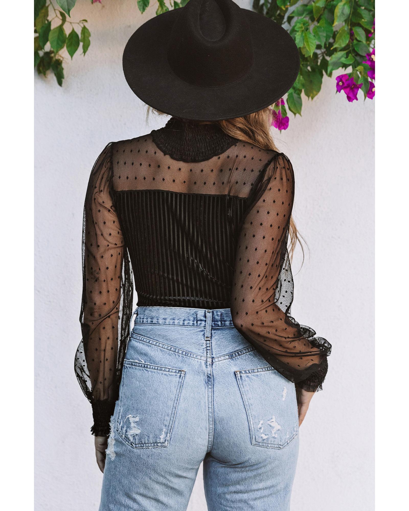 Black Sheer Dotty Long Sleeve Ribbed Velvet Bodysuit - S 6