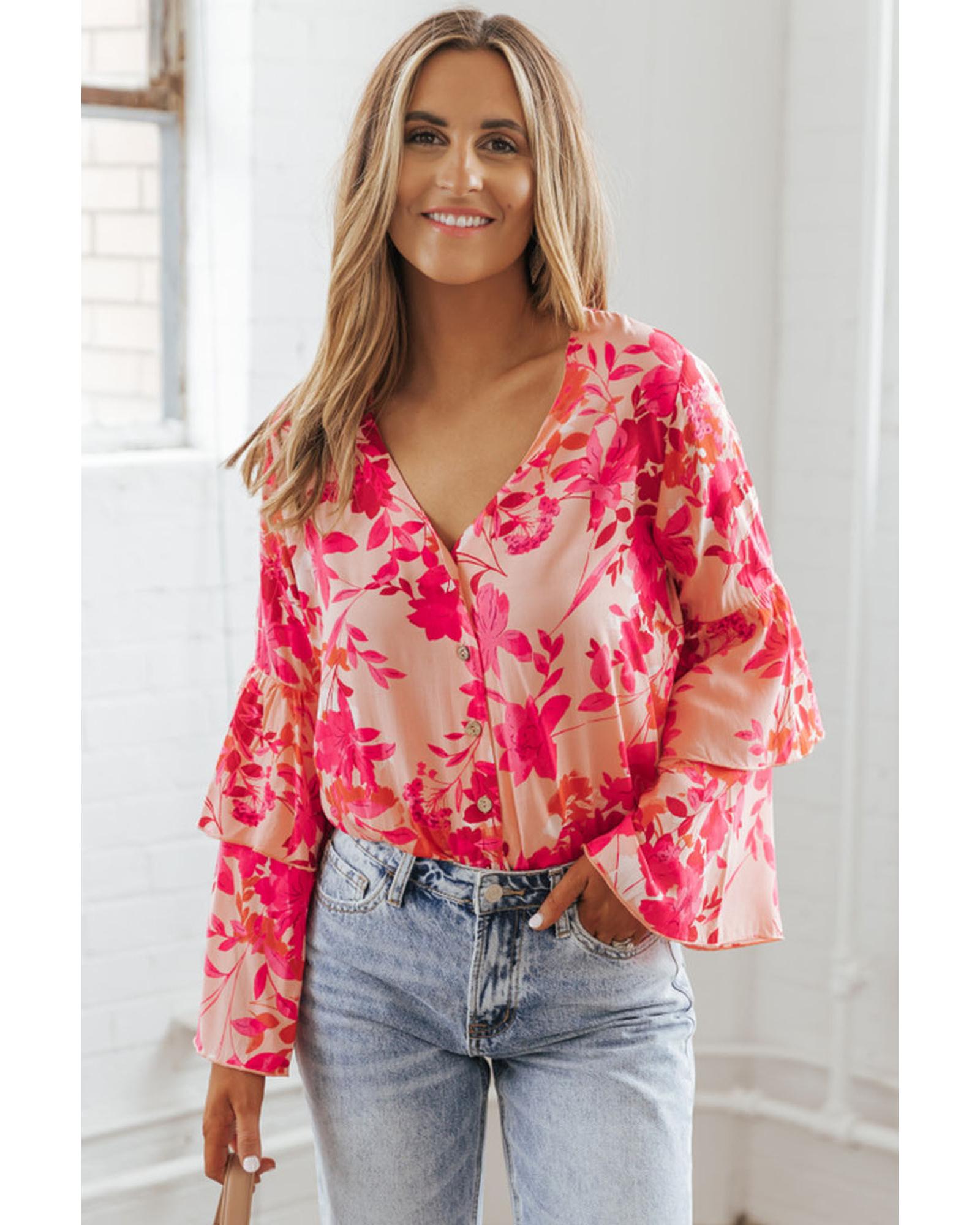 Pink Floral Print Tiered Bell Long Sleeve Buttoned Bodysuit - L