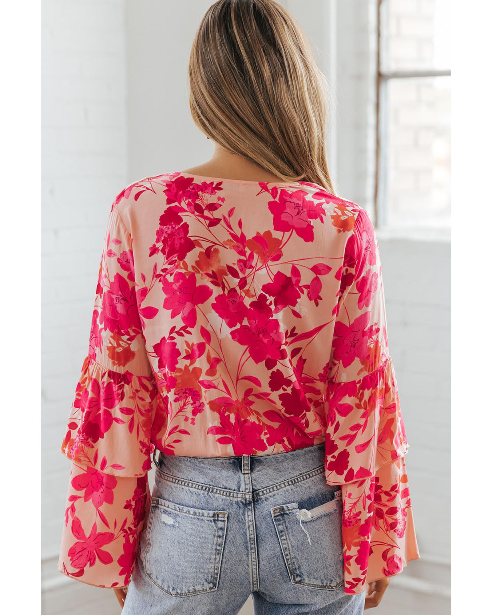 Pink Floral Print Tiered Bell Long Sleeve Buttoned Bodysuit - L