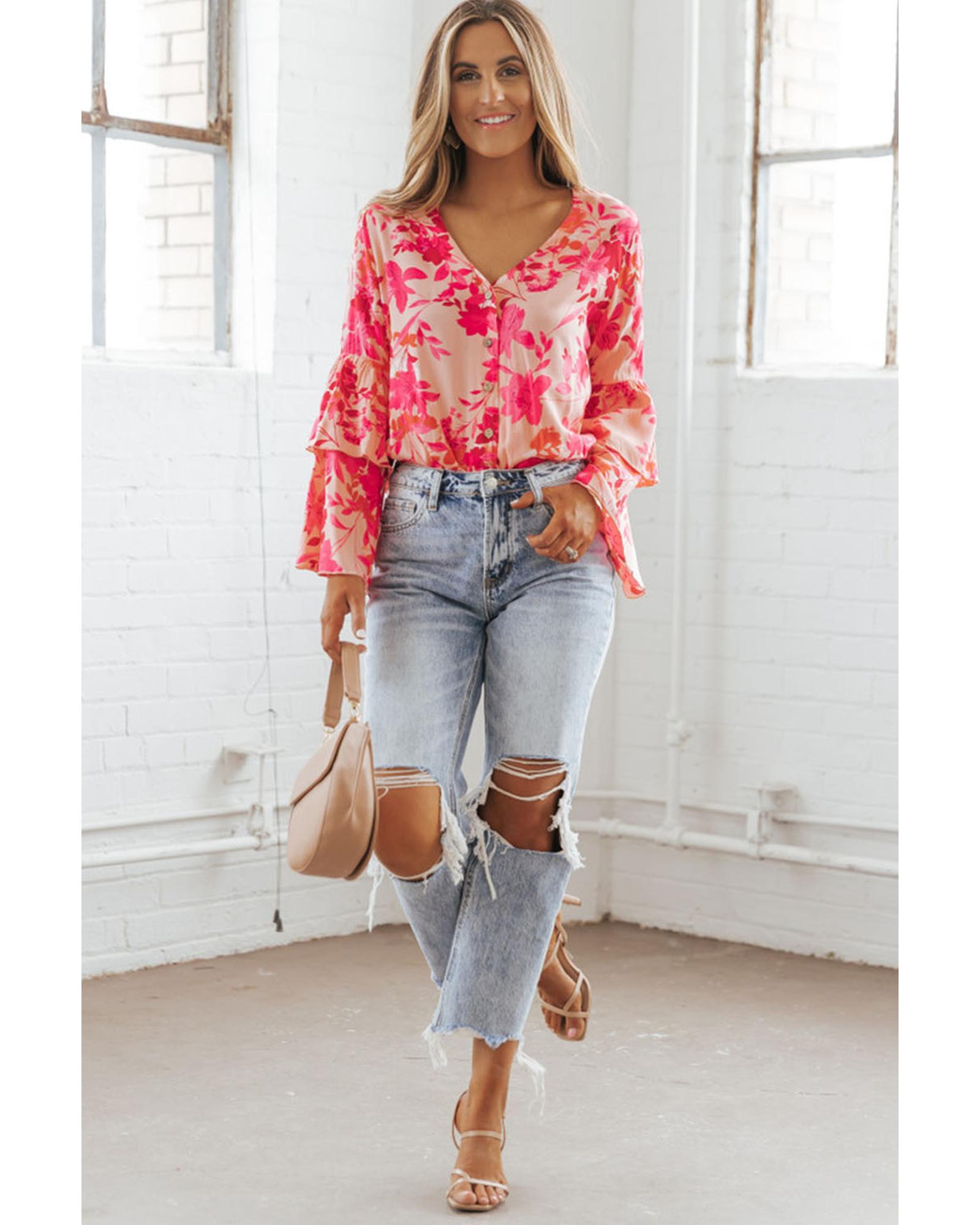 Pink Floral Print Tiered Bell Long Sleeve Buttoned Bodysuit - L 3