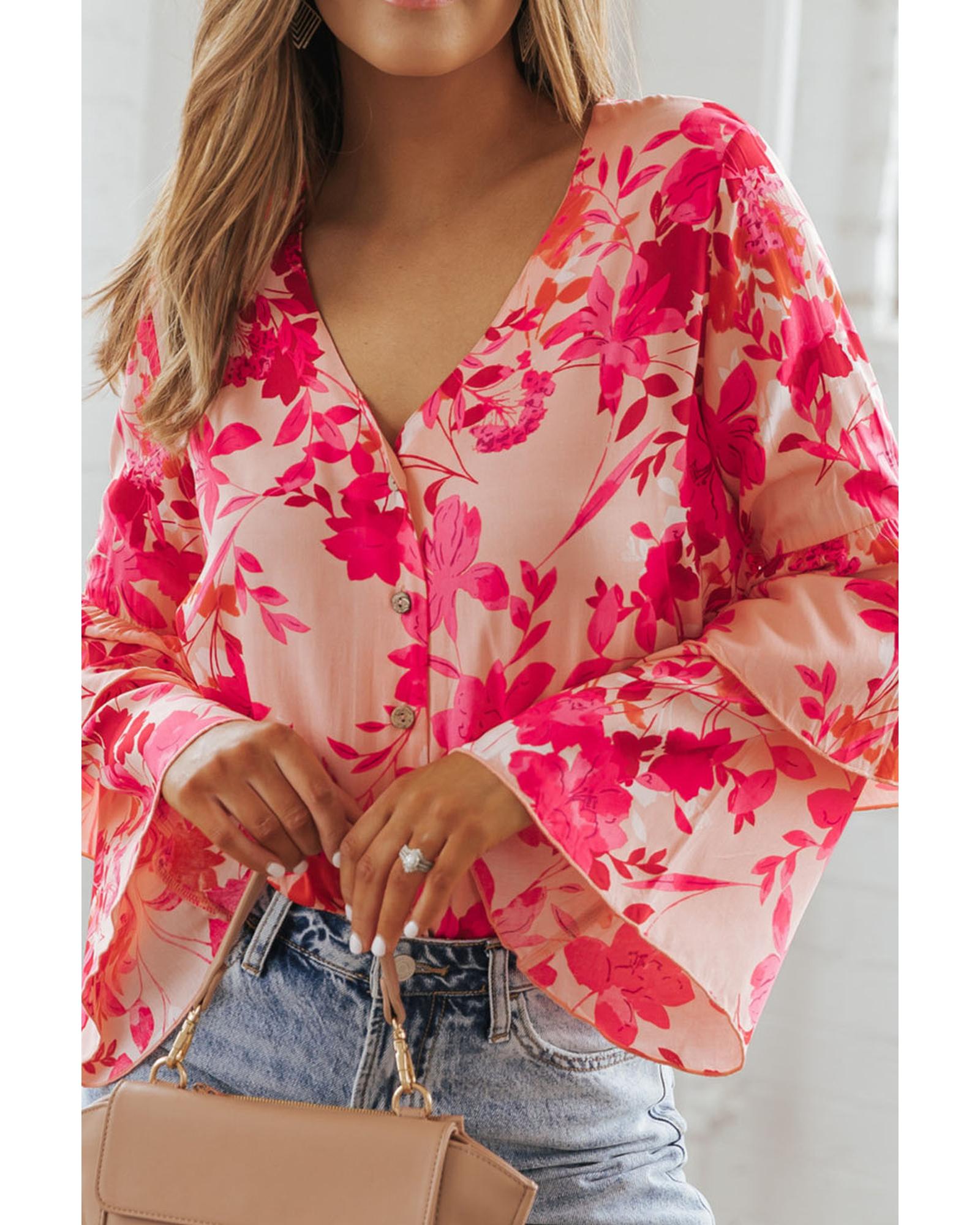Pink Floral Print Tiered Bell Long Sleeve Buttoned Bodysuit - L 4