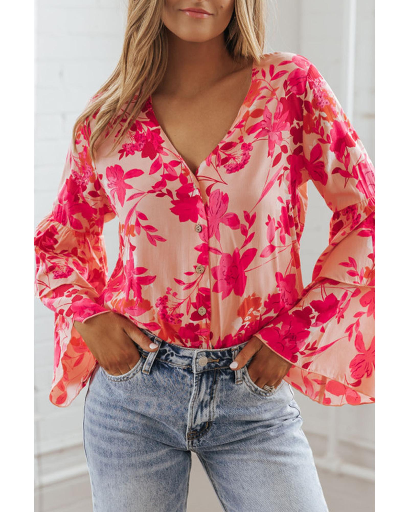 Pink Floral Print Tiered Bell Long Sleeve Buttoned Bodysuit - L 5