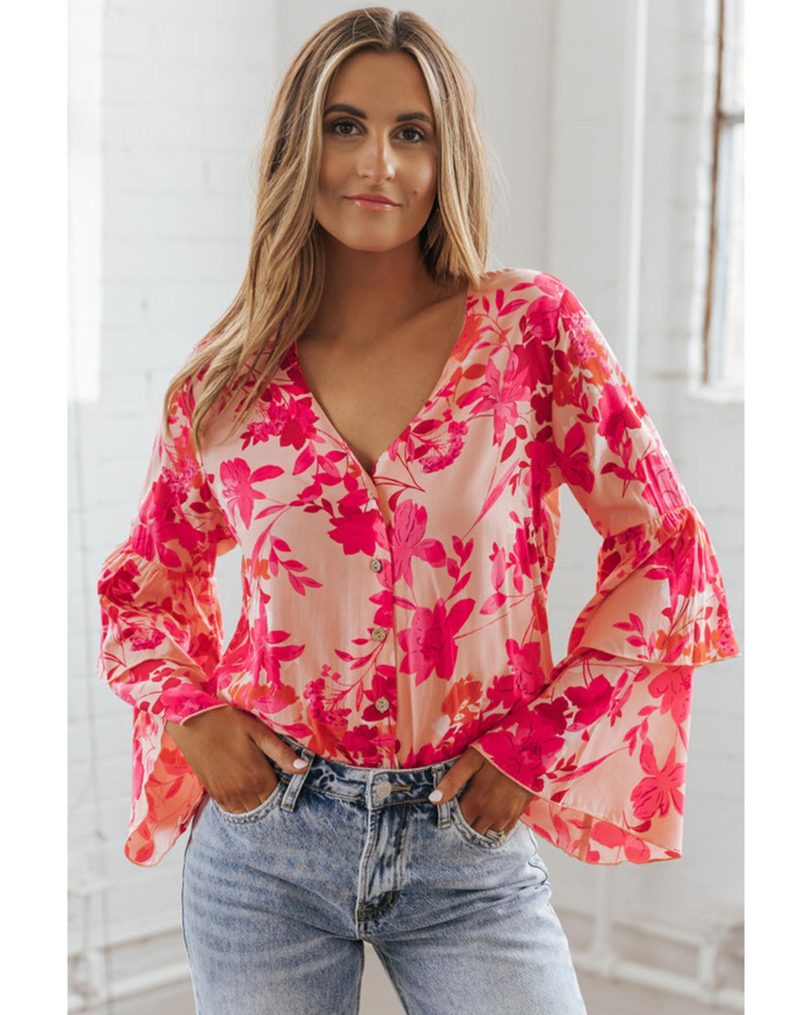 Pink Floral Print Tiered Bell Long Sleeve Buttoned Bodysuit - L 6