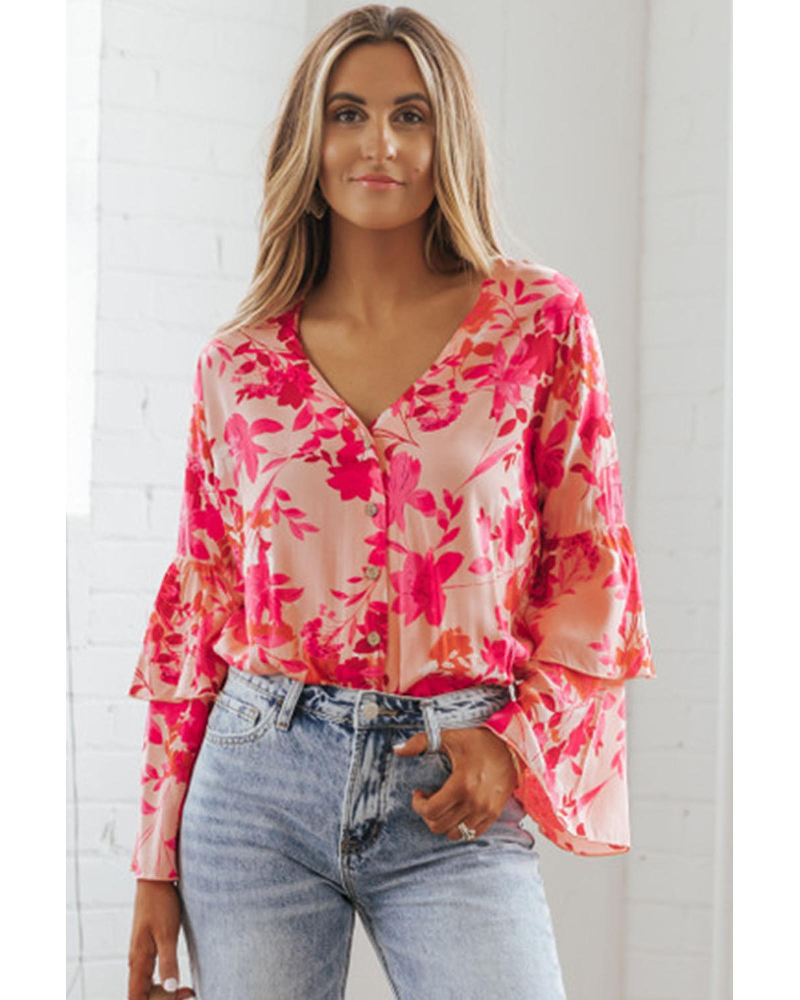 Pink Floral Print Tiered Bell Long Sleeve Buttoned Bodysuit - L 7