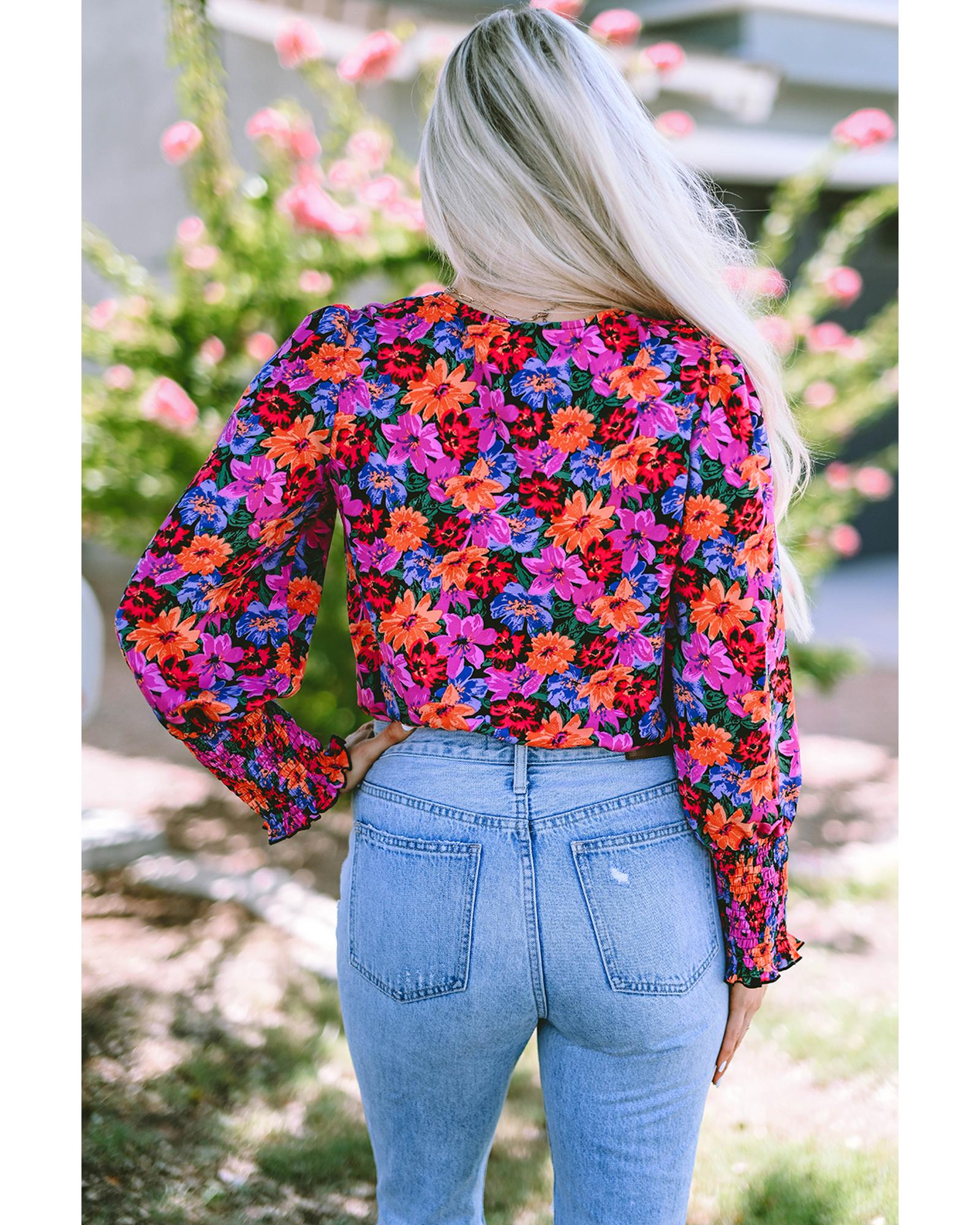 Floral Print Wrap V Neck Long Sleeve Bodysuit - L