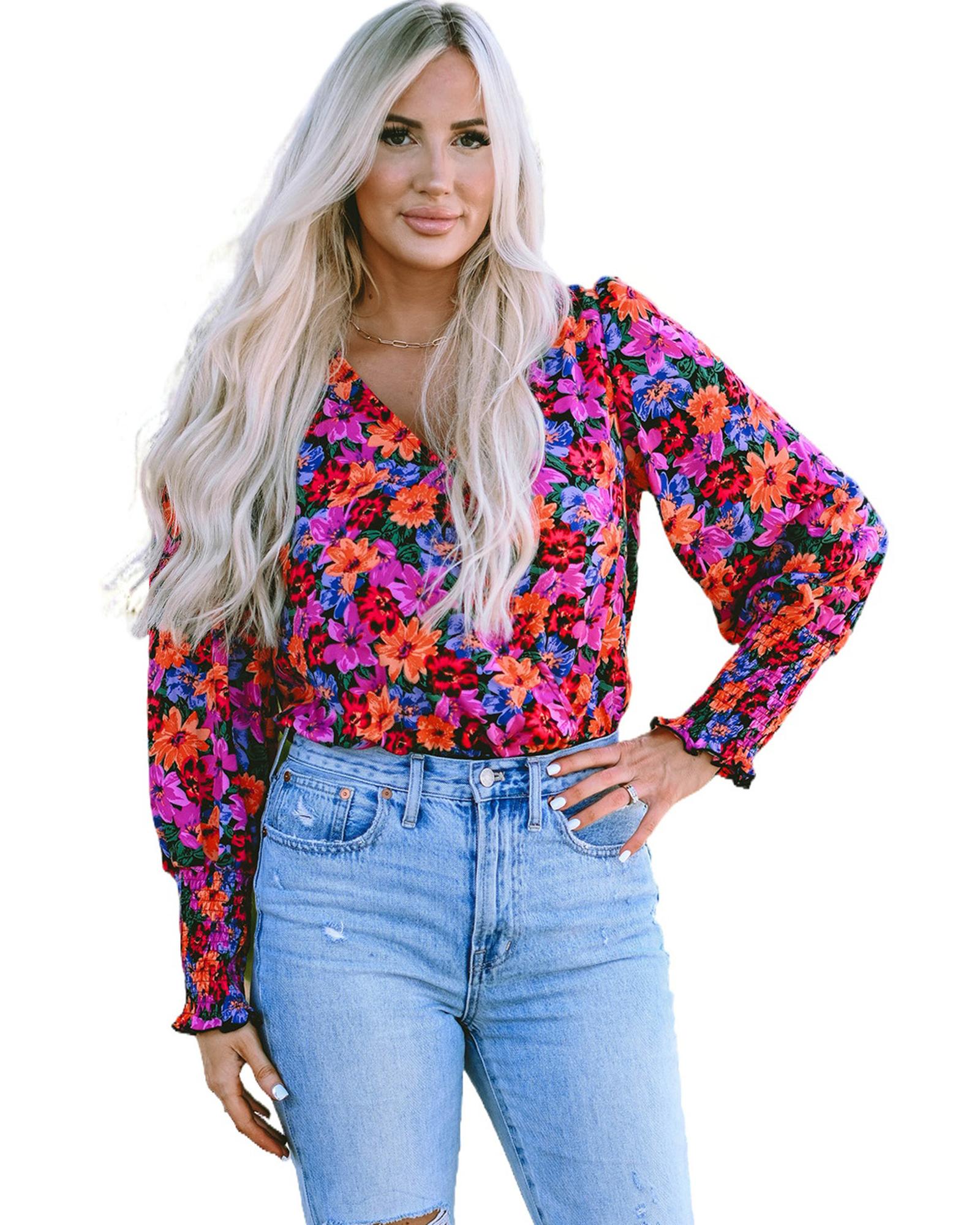 Floral Print Wrap V Neck Long Sleeve Bodysuit - L 3