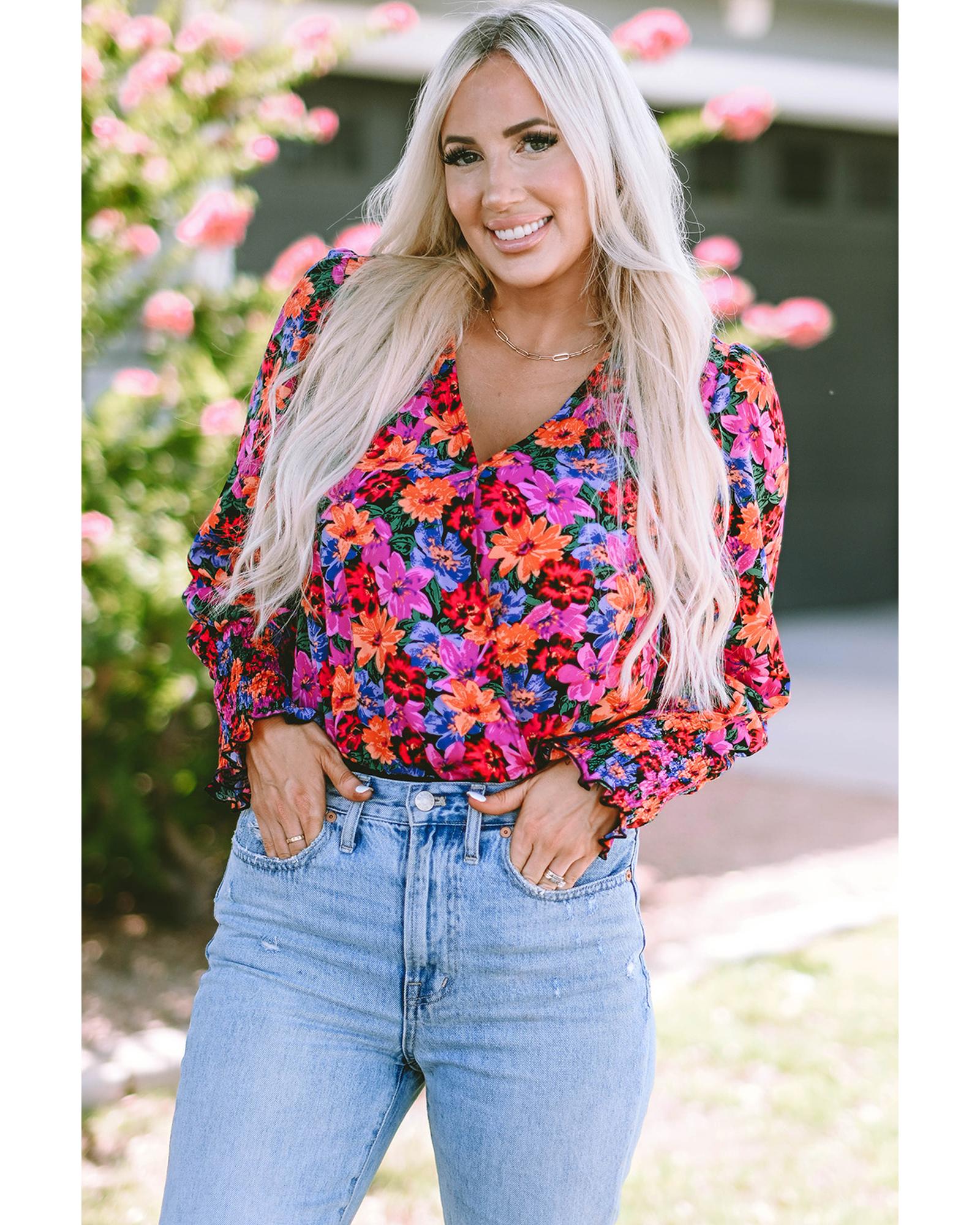 Floral Print Wrap V Neck Long Sleeve Bodysuit - L 4