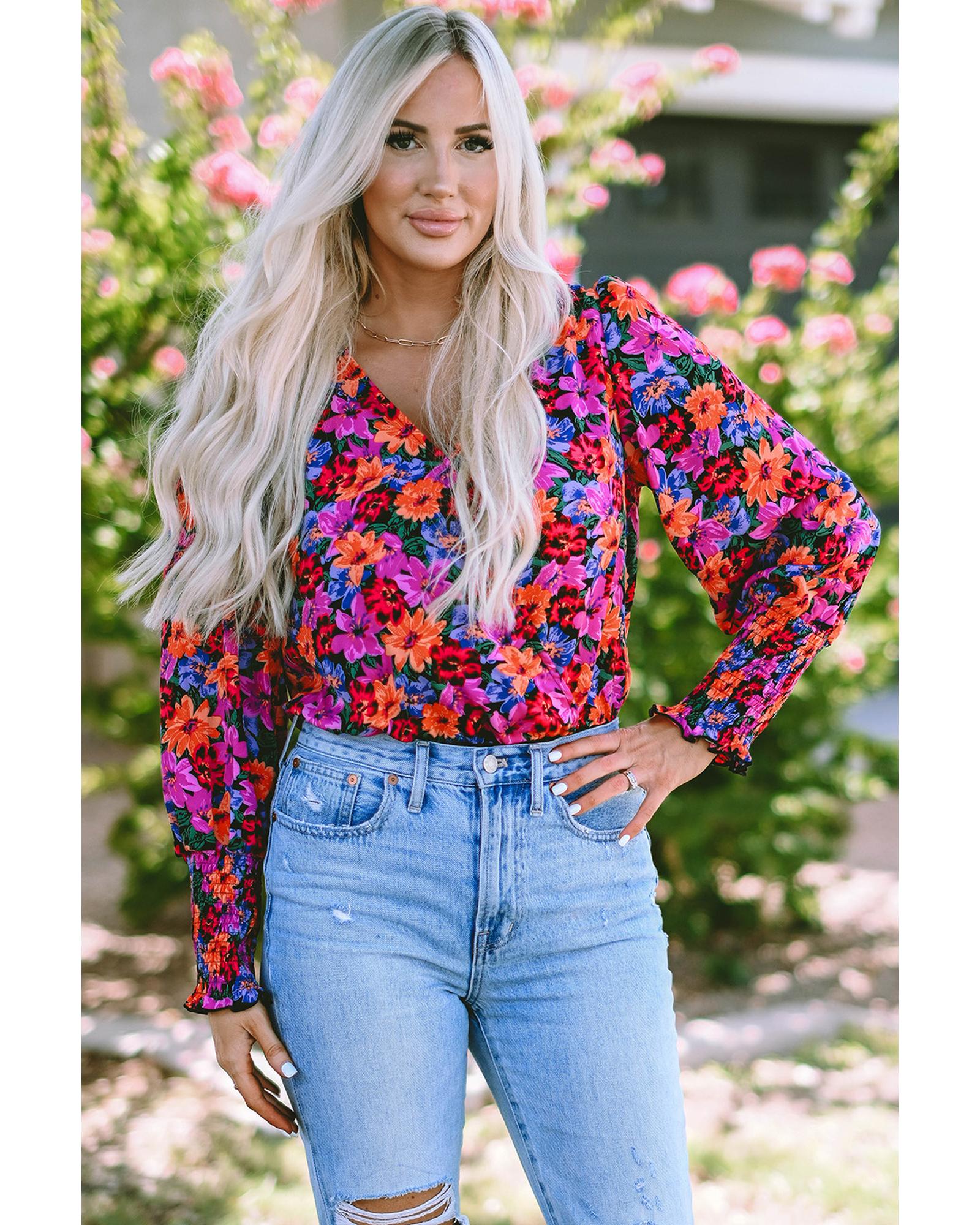 Floral Print Wrap V Neck Long Sleeve Bodysuit - L 5