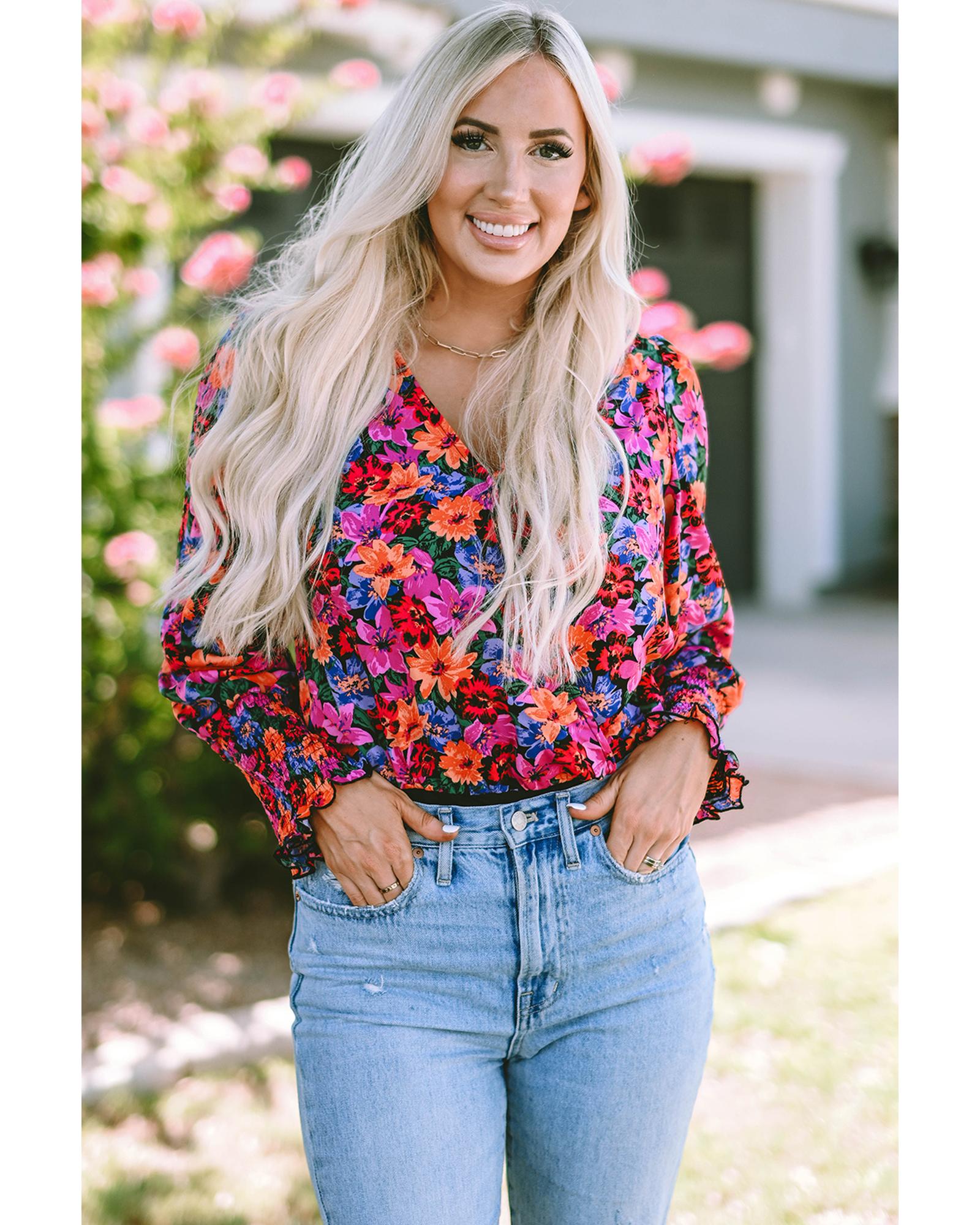Floral Print Wrap V Neck Long Sleeve Bodysuit - L 6