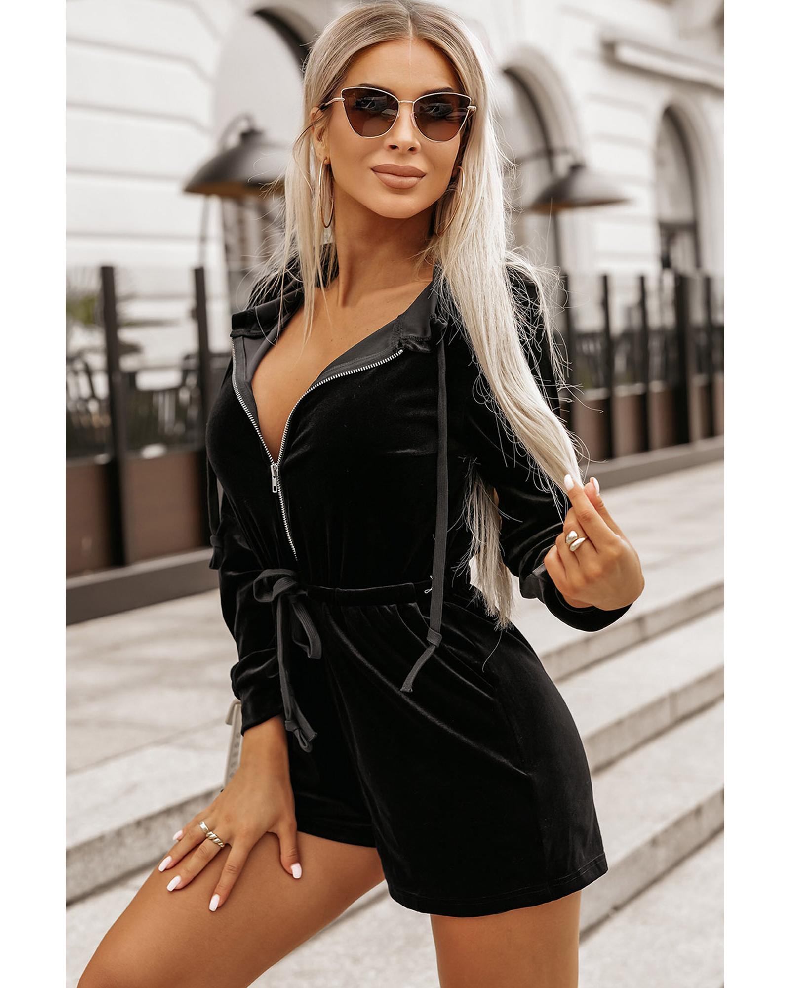 Azura Exchange Black Velvet Zipped Front Drawstring Waist Hooded Romper - XL 5