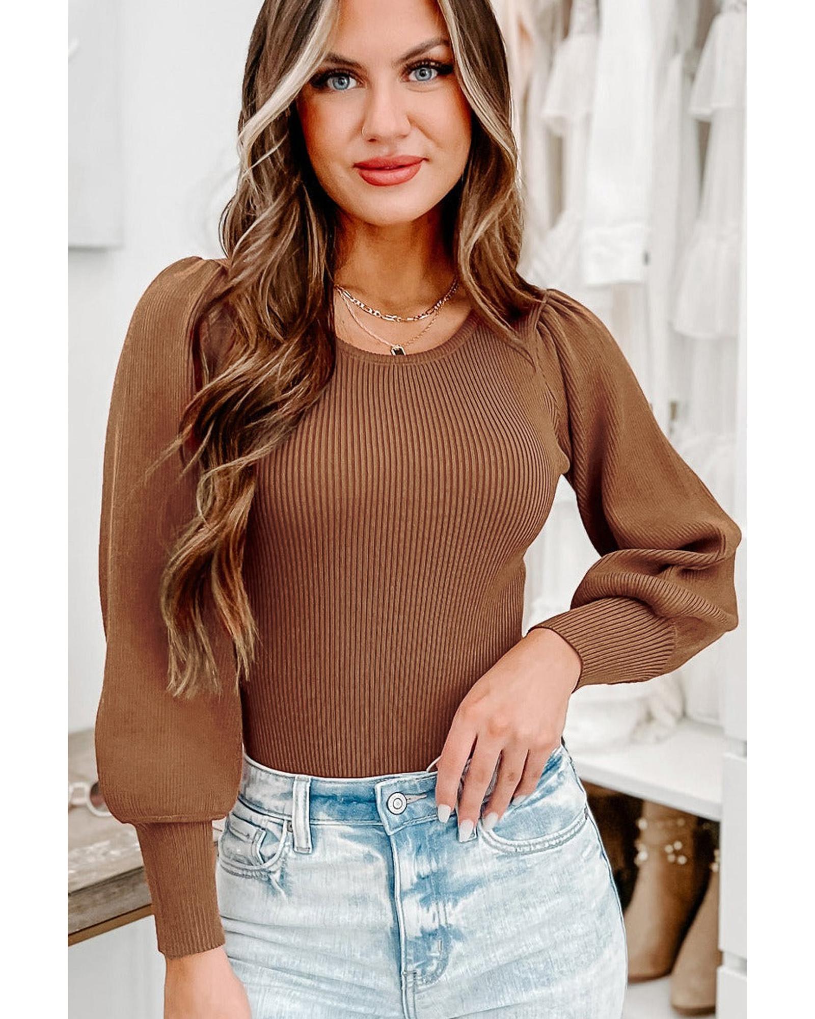 Brown Ribbed Balloon Sleeve Bodysuit - XL