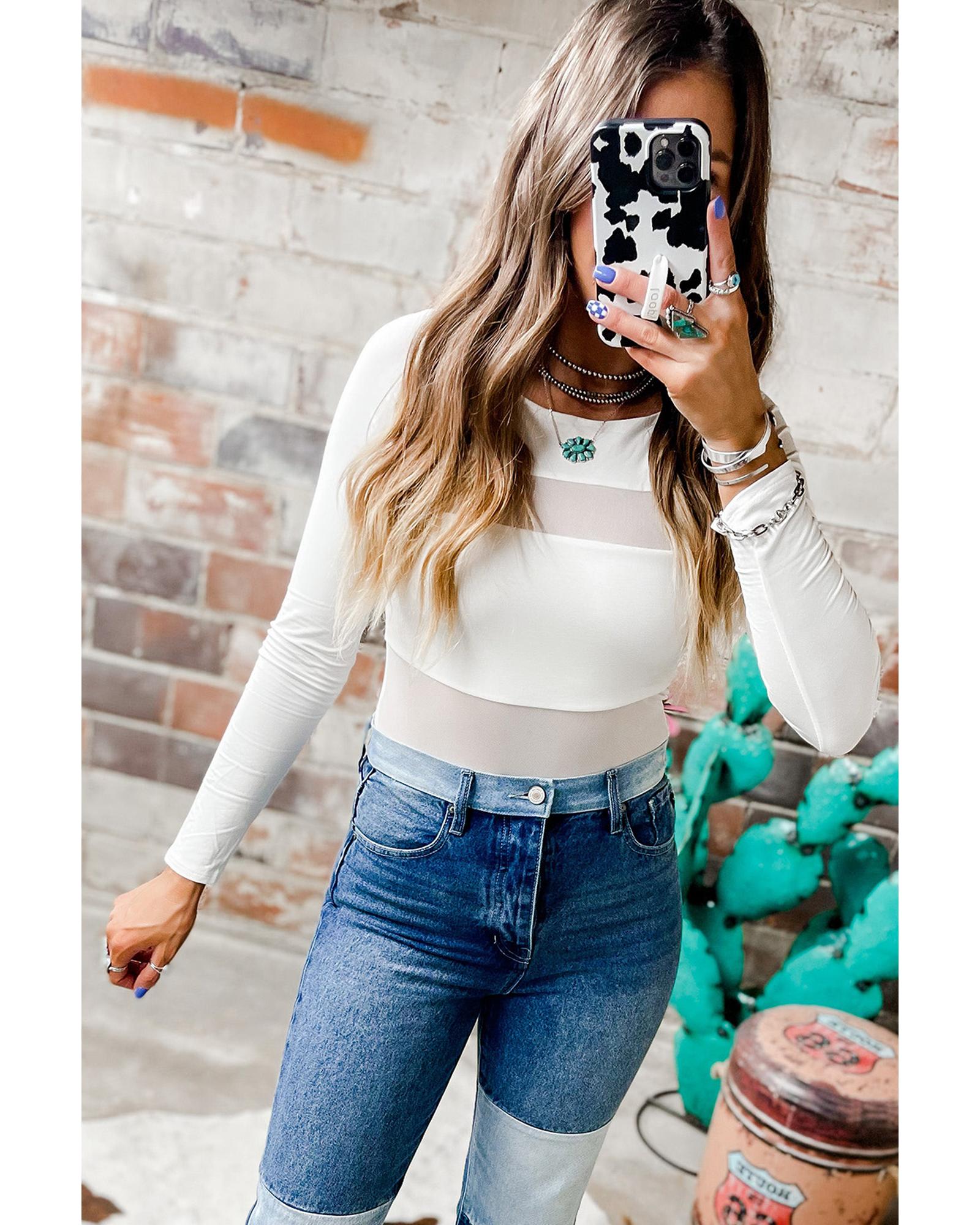Azura Exchange White Mesh Patchwork Long Sleeve Bodysuit - L