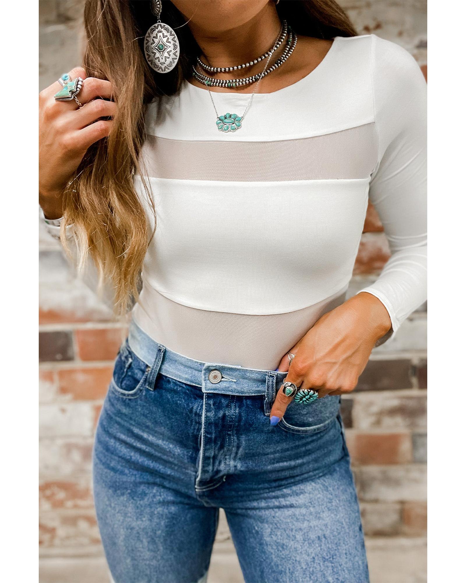 Azura Exchange White Mesh Patchwork Long Sleeve Bodysuit - L 4