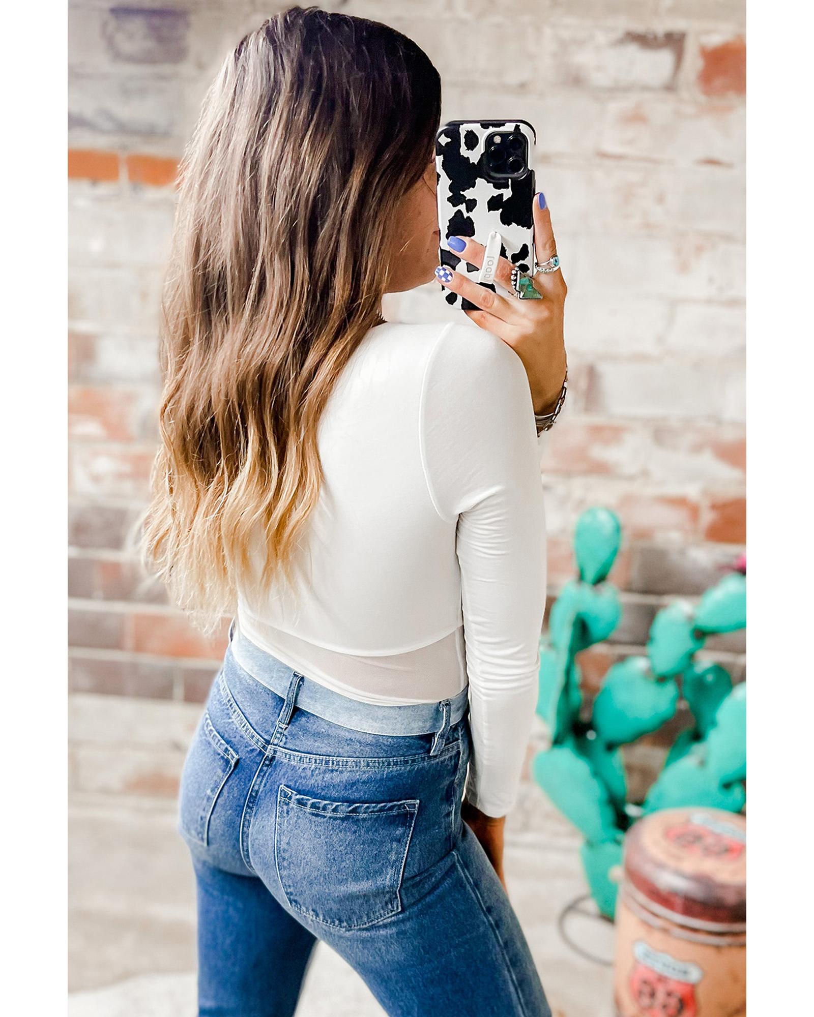 Azura Exchange White Mesh Patchwork Long Sleeve Bodysuit - M