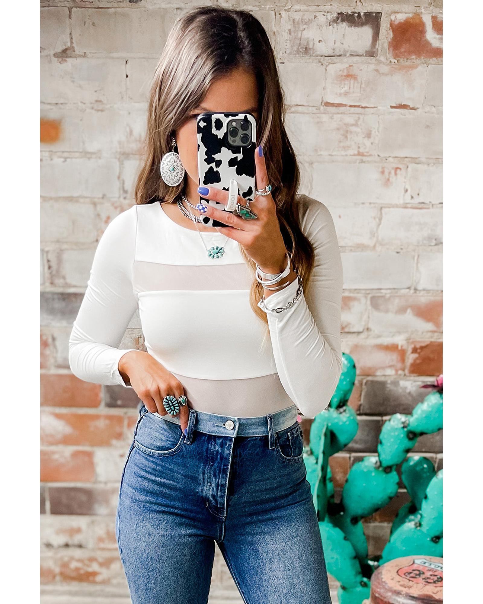 Azura Exchange White Mesh Patchwork Long Sleeve Bodysuit - XL