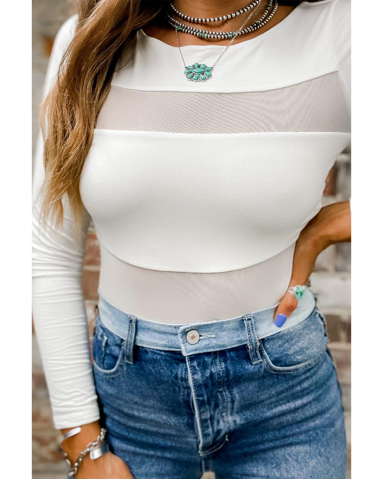 Azura Exchange White Mesh Patchwork Long Sleeve Bodysuit - XL 7