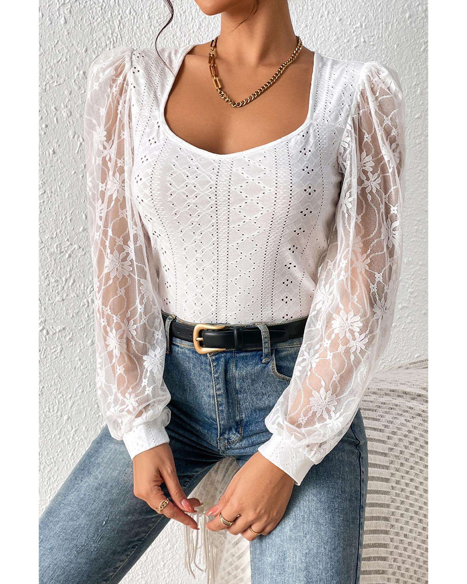 White Frenchy Contrast Lace Bishop Sleeve Bodysuit - M